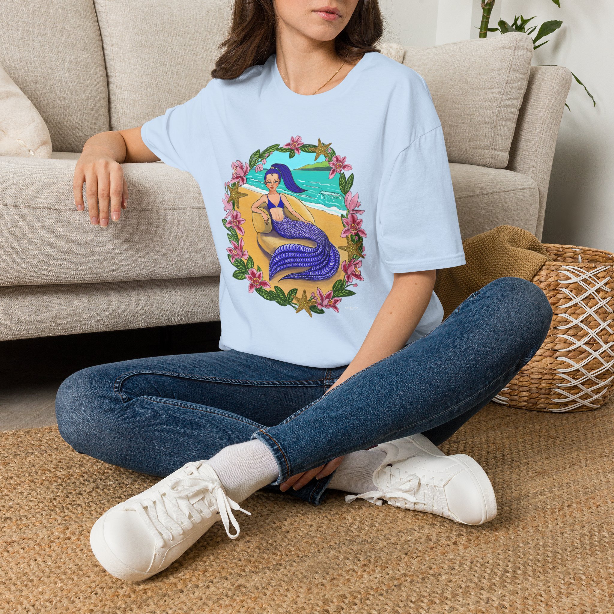 Blue-Haired Mermaid Beach Vibes T-Shirt — Tropical Floral Ocean Graphic - Image 29