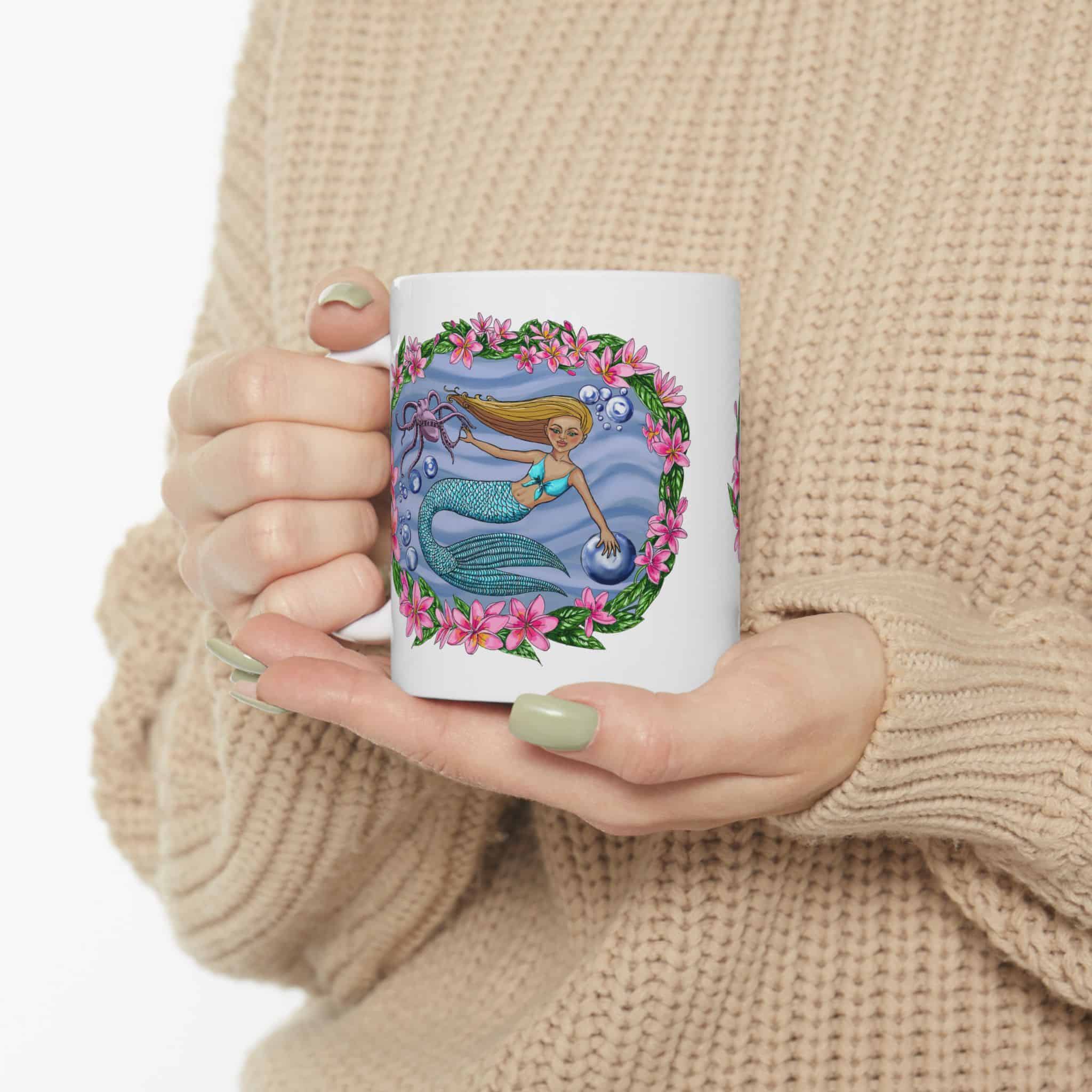 Mermaid with Octopus Friend Floral Ceramic Mug — Cute Ocean Mermaid Coffee Cup (11oz & 15oz) - Image 5