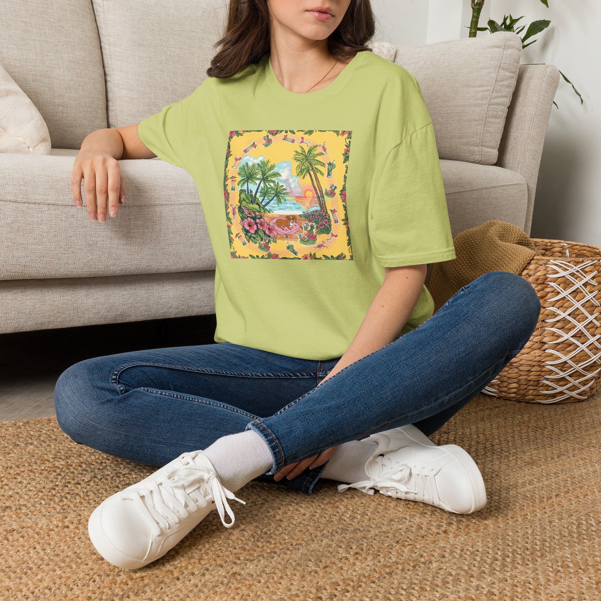 Girl Dachshund on a Tropical Sunset Beach T-Shirt — Vintage Beach Floral Graphic - Image 2