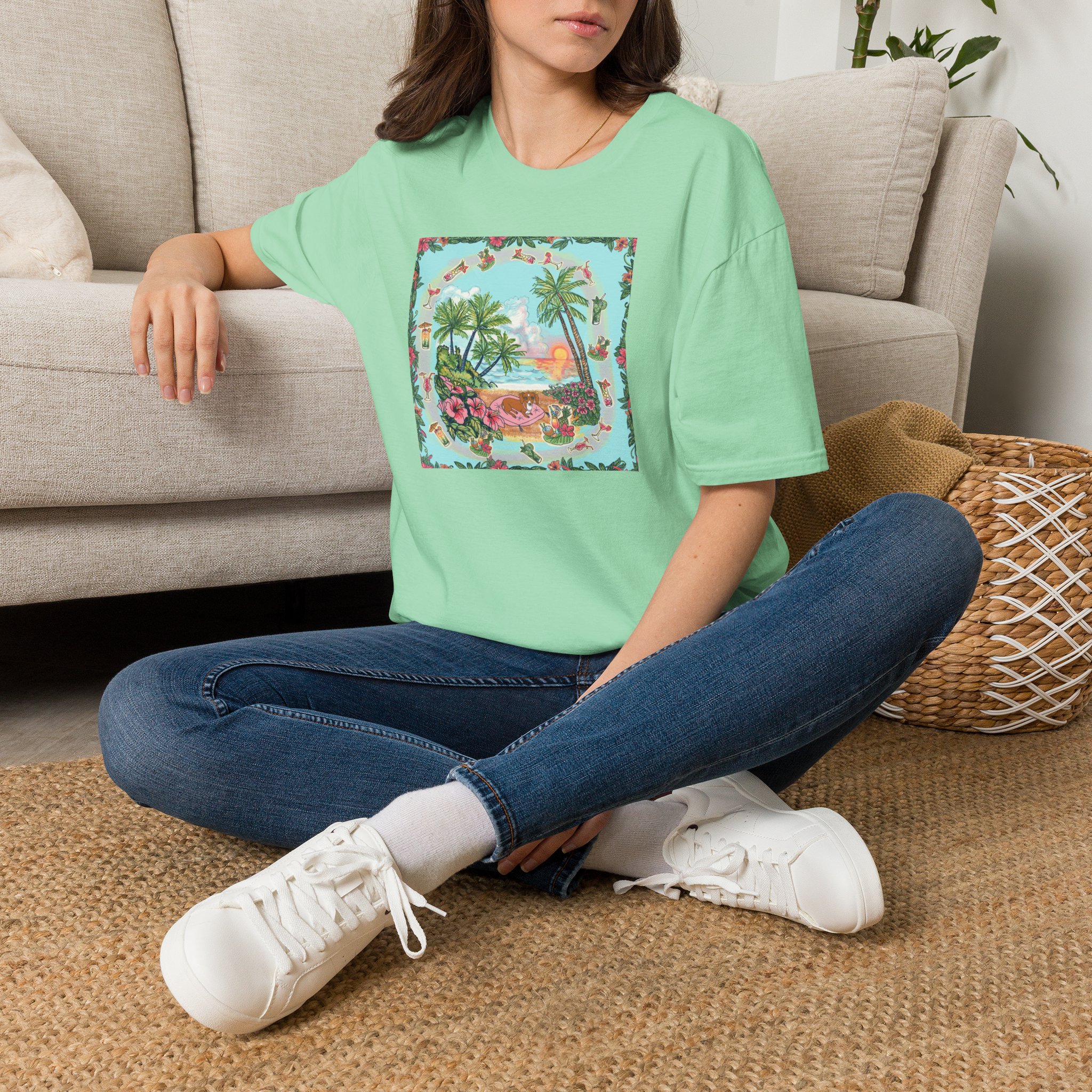 Dachshund on a Tropical Sunset Beach T-Shirt — Vintage Beach Floral Graphic - Image 26