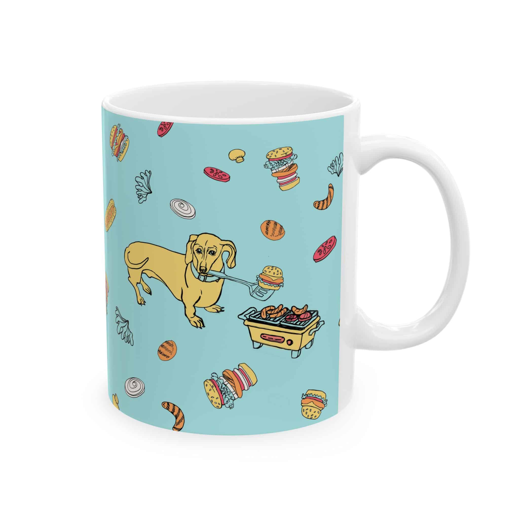 Dachshund Cooking on Hibachi Pattern Ceramic Mug — Cute Burger & Hot Dog 11oz/15oz Coffee Cup - Image 2