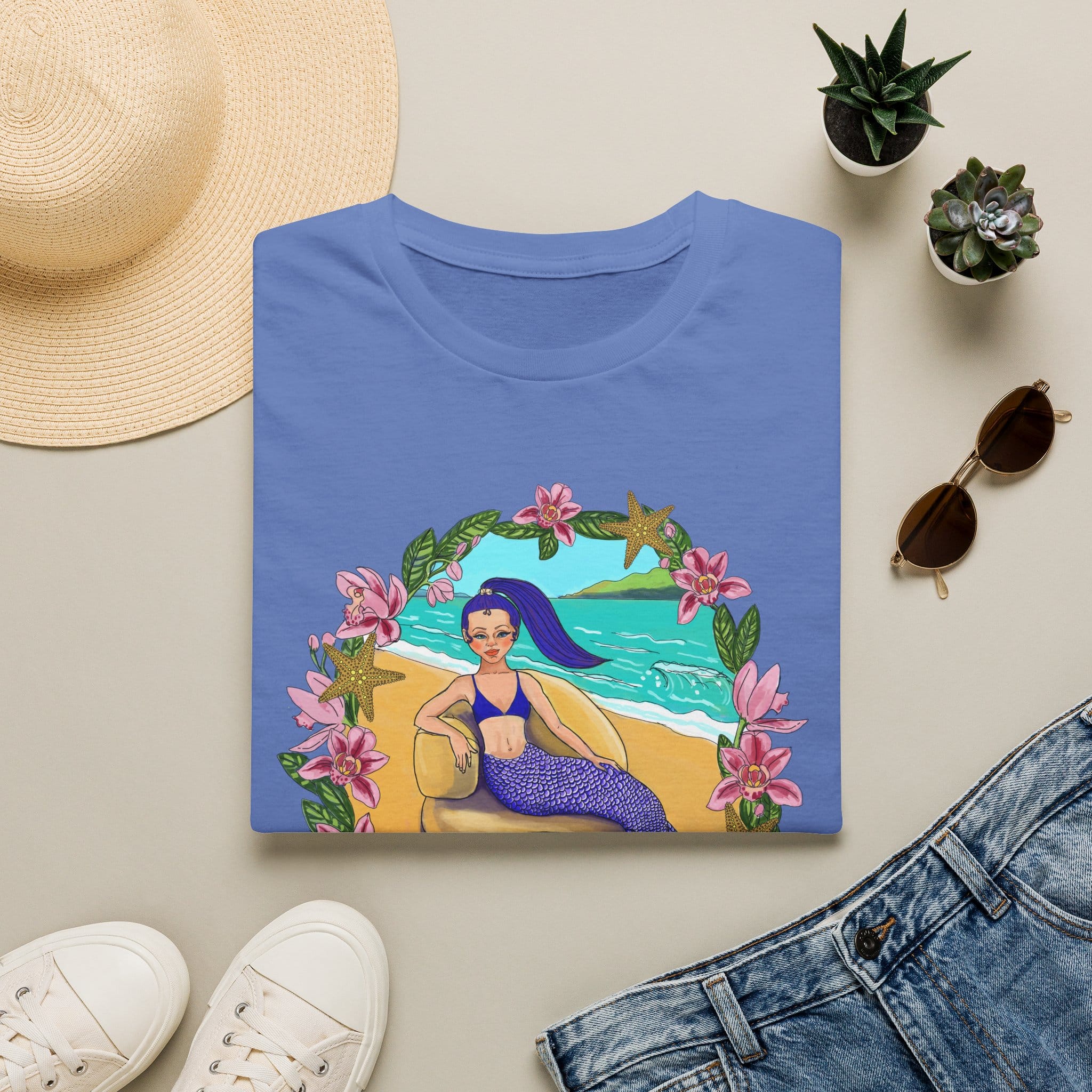 Blue-Haired Mermaid Beach Vibes T-Shirt — Tropical Floral Ocean Graphic - Image 31