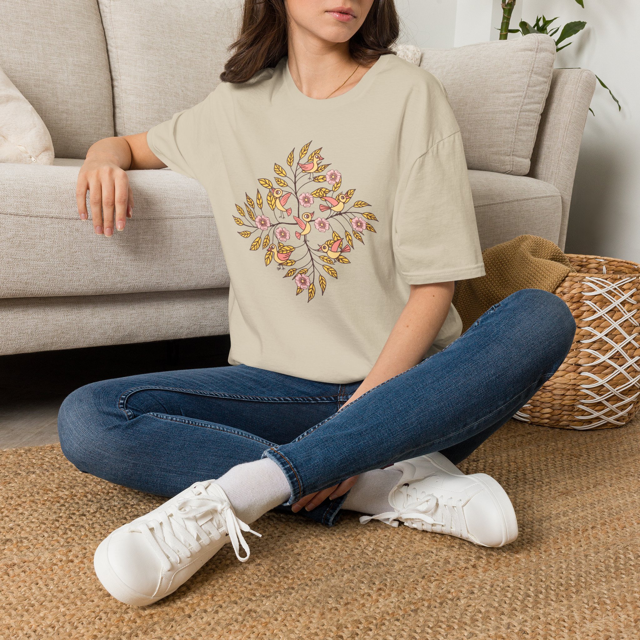 Floral Bird Tree T-Shirt — Boho Botanical Tee with Pink Blossoms - Image 2