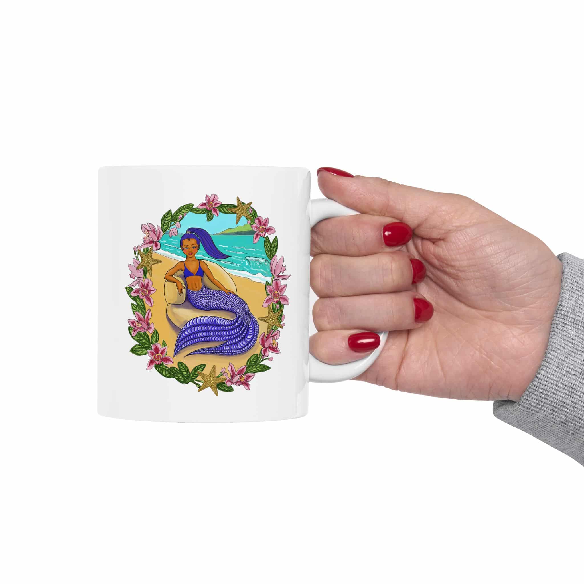 Floral Purple Tailed Mermaid Sisters Ceramic Mug (11oz, 15oz) - Image 3