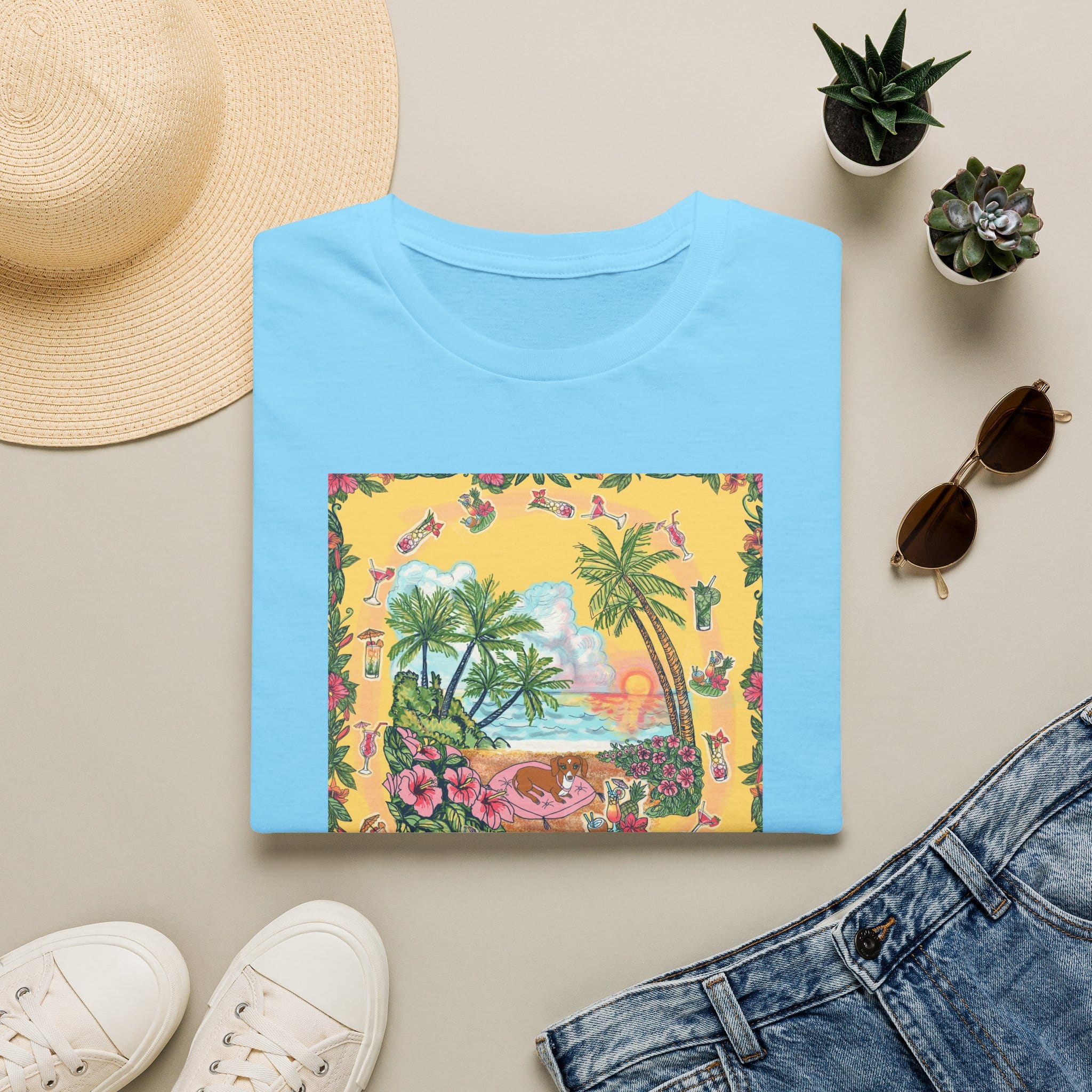 Girl Dachshund on a Tropical Sunset Beach T-Shirt — Vintage Beach Floral Graphic - Image 29