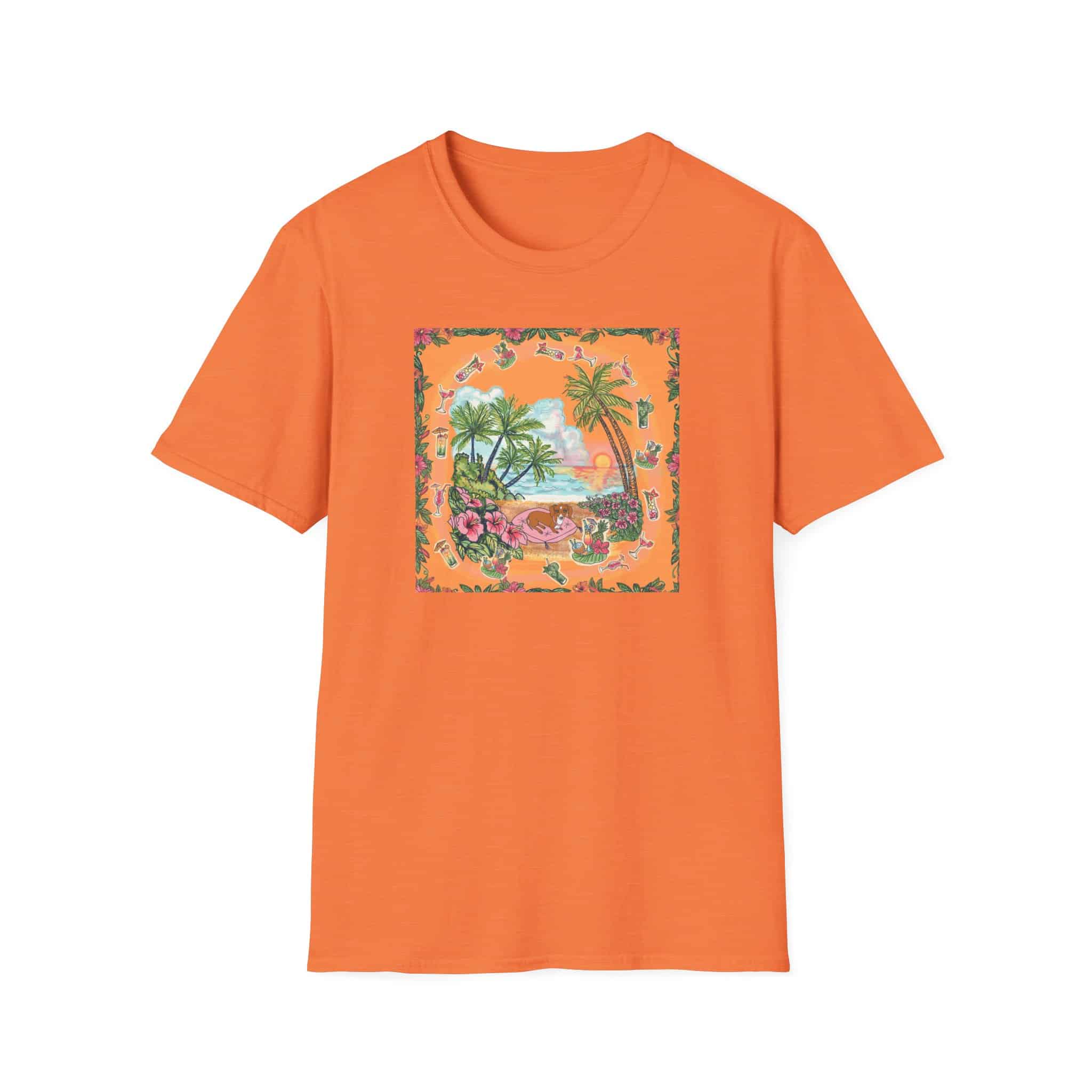 Girl Dachshund on a Tropical Sunset Beach T-Shirt — Vintage Beach Floral Graphic - Image 27