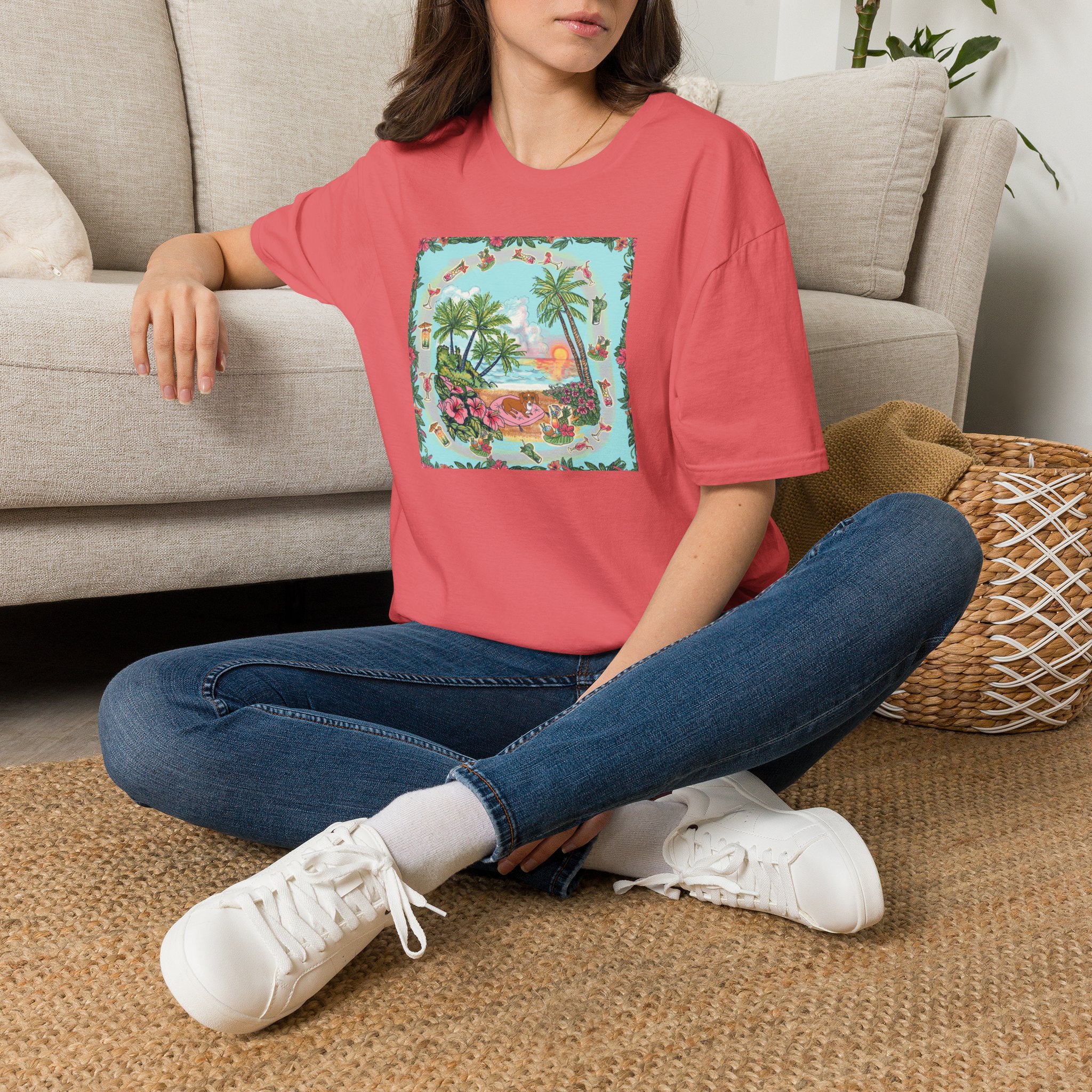 Dachshund on a Tropical Sunset Beach T-Shirt — Vintage Beach Floral Graphic - Image 18
