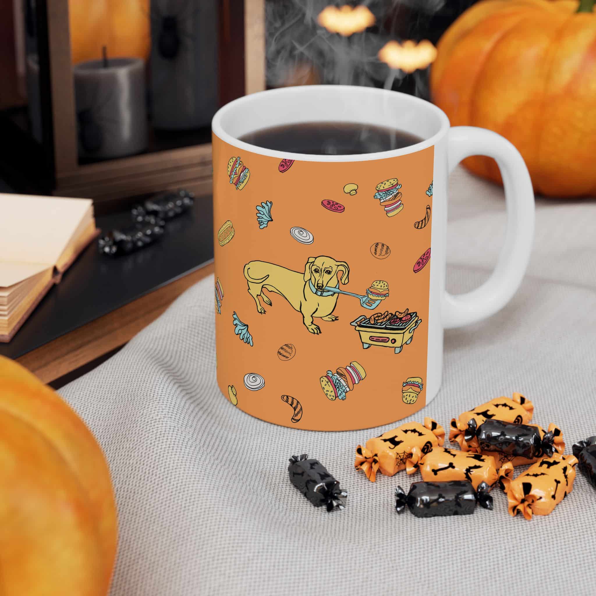 Dachshund Cooking on Hibachi Pattern Ceramic Mug — Cute Burger & Hot Dog 11oz/15oz Coffee Cup - Image 4