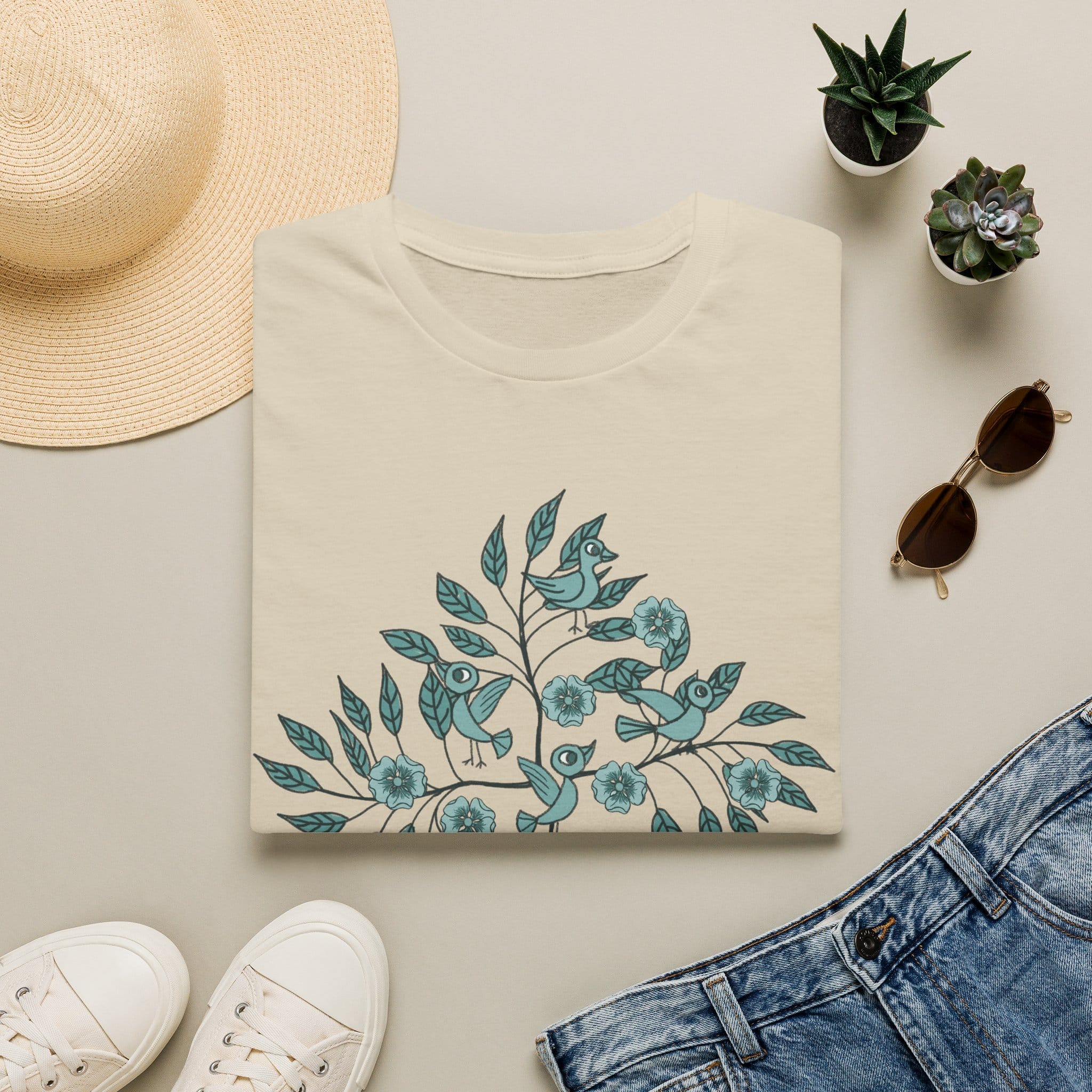 Botanical Bird Tee — Teal Floral Branch Graphic T-Shirt - Image 21
