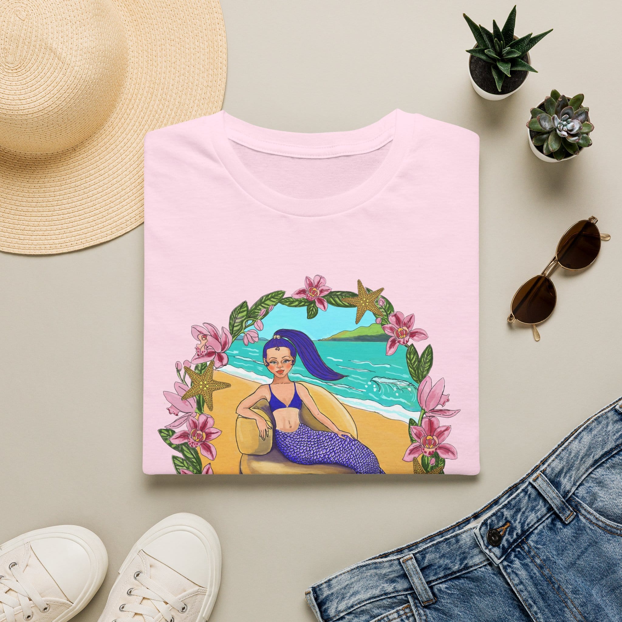 Blue-Haired Mermaid Beach Vibes T-Shirt — Tropical Floral Ocean Graphic - Image 4