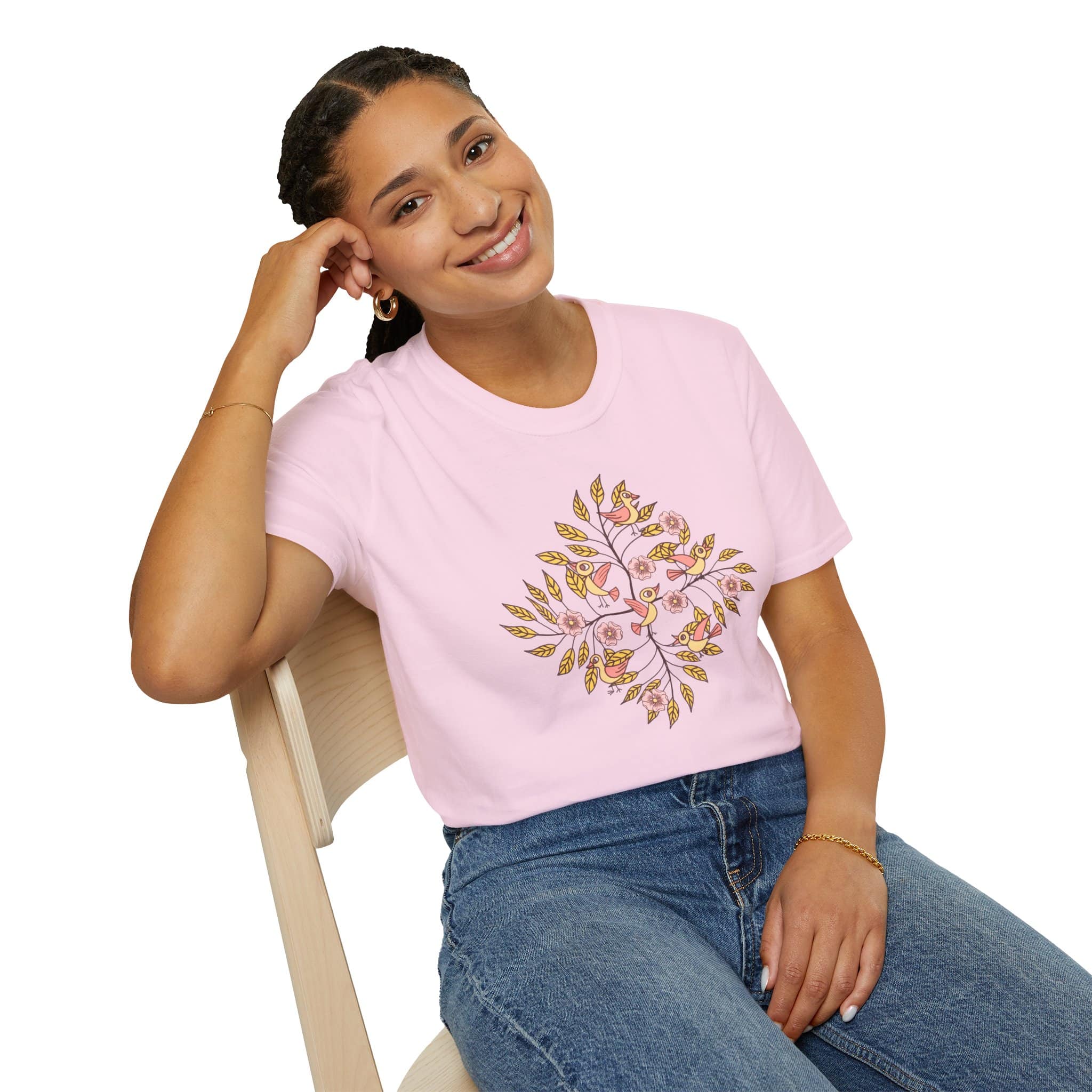 Floral Bird Tree T-Shirt — Boho Botanical Tee with Pink Blossoms - Image 8