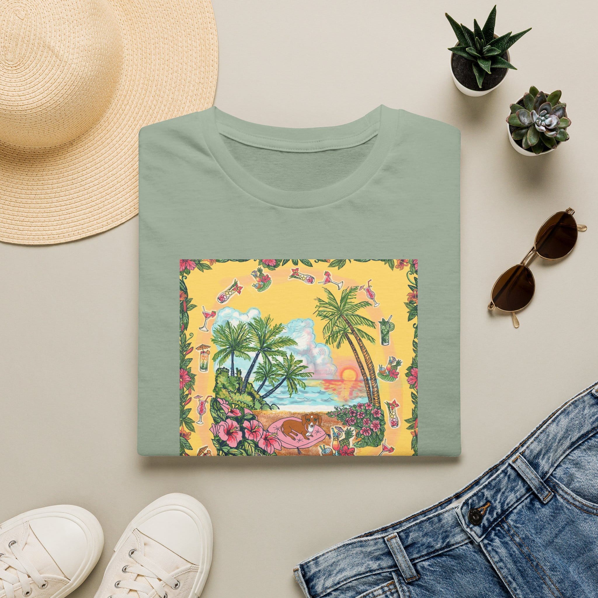 Girl Dachshund on a Tropical Sunset Beach T-Shirt — Vintage Beach Floral Graphic - Image 13