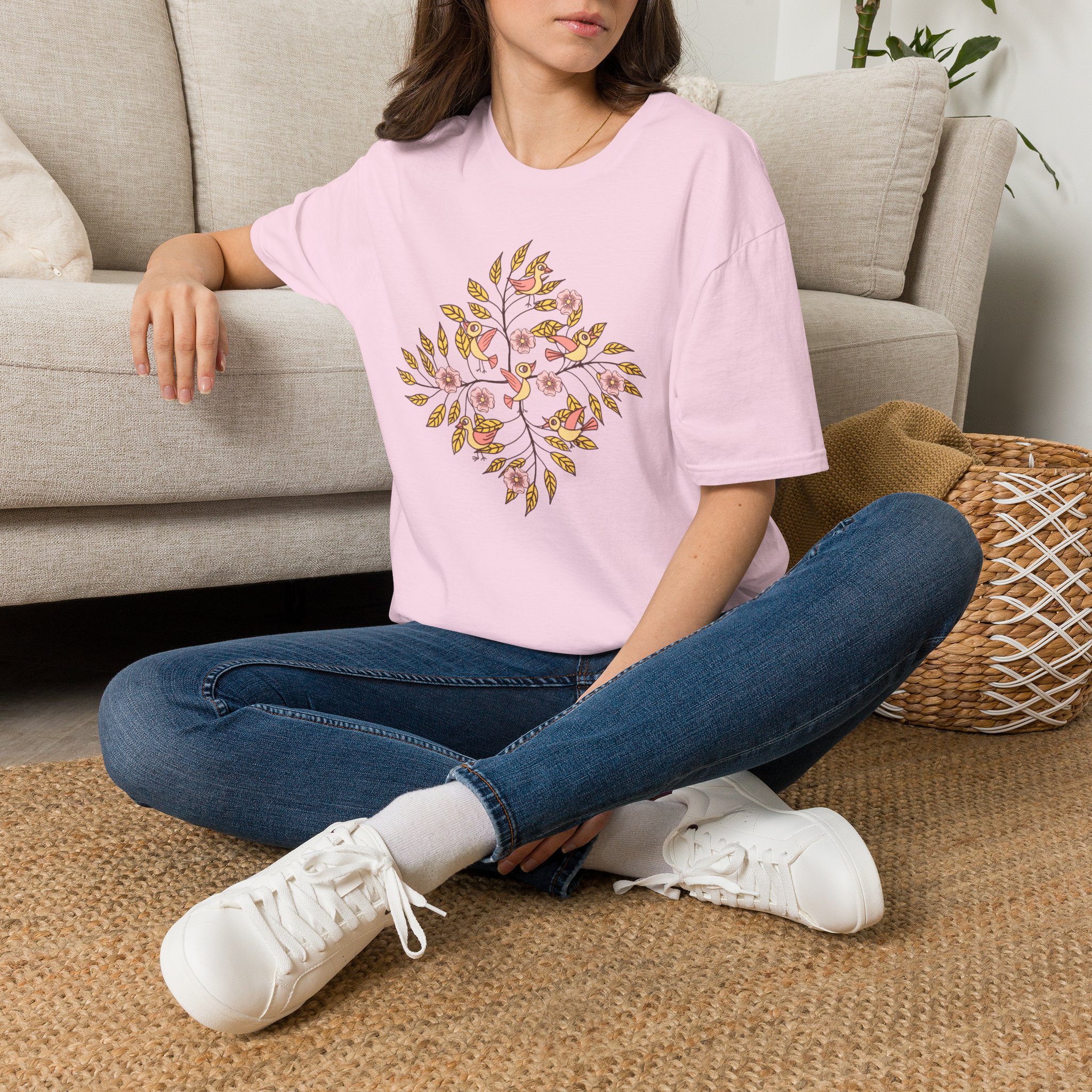 Floral Bird Tree T-Shirt — Boho Botanical Tee with Pink Blossoms - Image 6