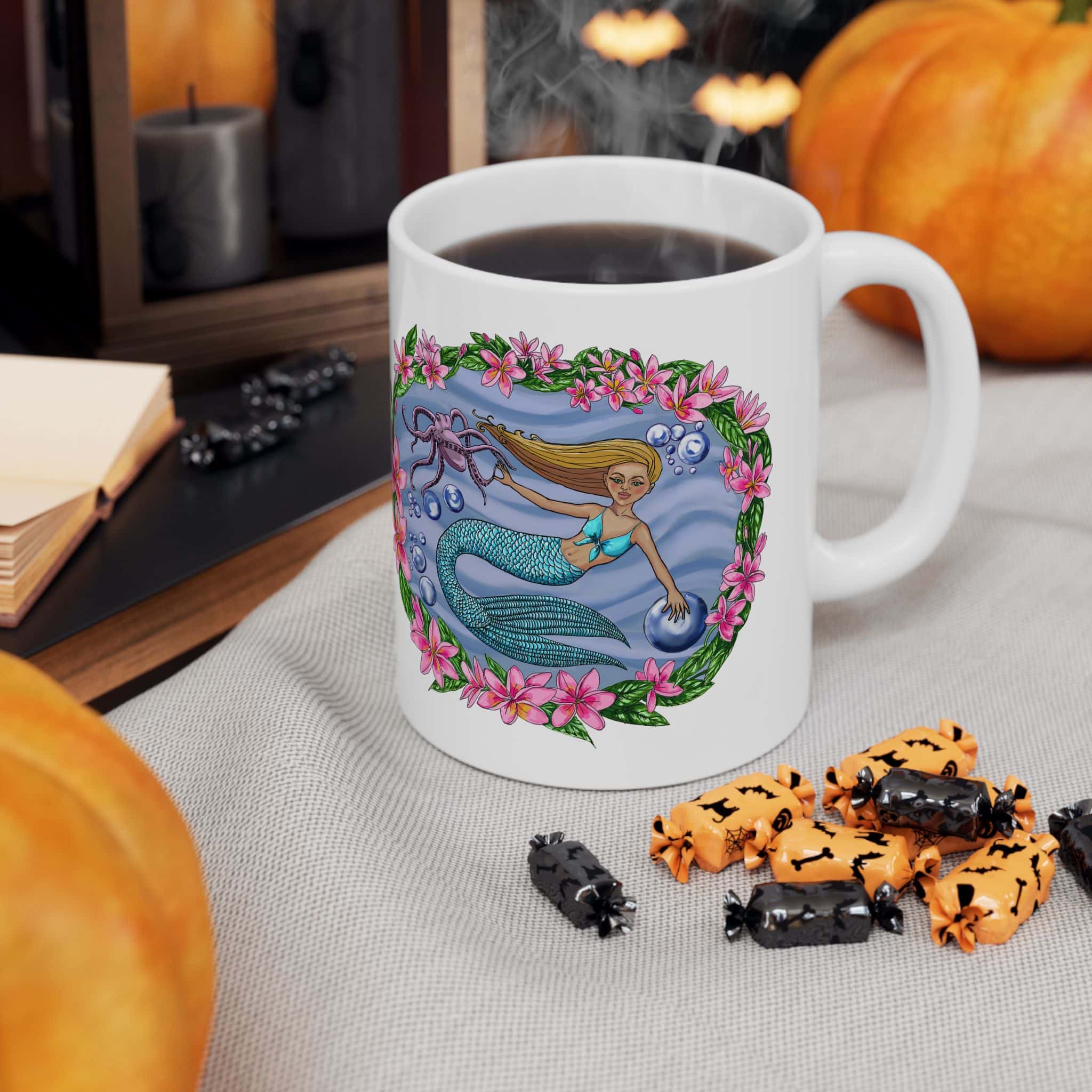 Mermaid with Octopus Friend Floral Ceramic Mug — Cute Ocean Mermaid Coffee Cup (11oz & 15oz) - Image 4