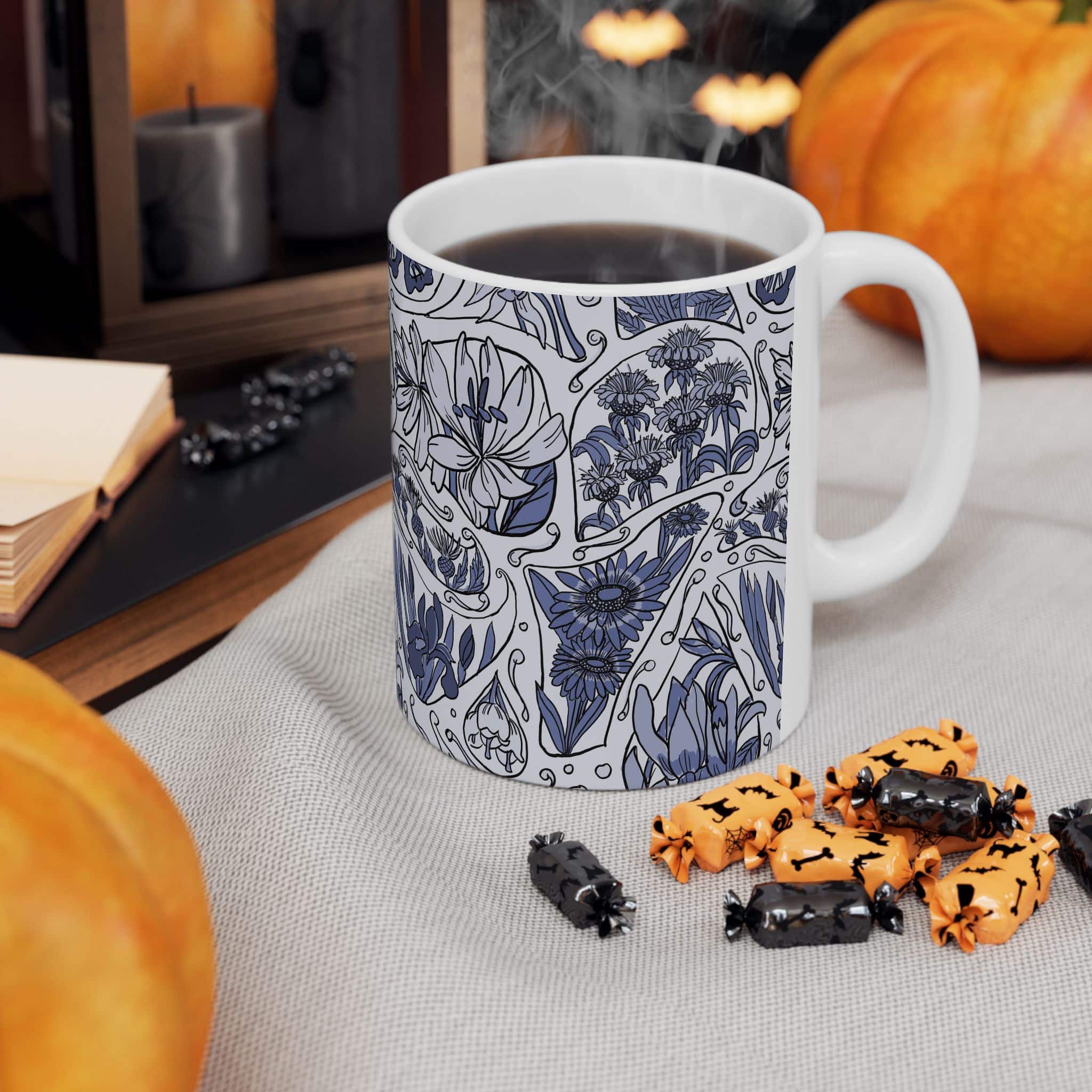 Blue Floral Pattern Ceramic Mug — Hand-Drawn Botanical Design (11oz & 15oz) - Image 4