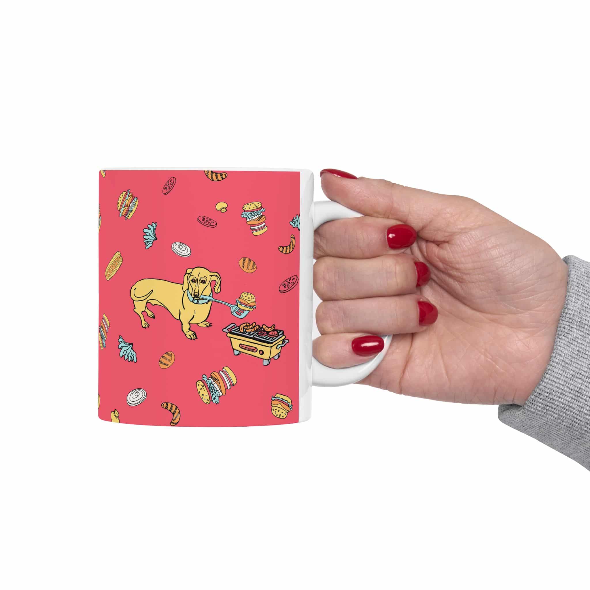 Dachshund Cooking on Hibachi Pattern Ceramic Mug — Cute Burger & Hot Dog 11oz/15oz Coffee Cup - Image 3