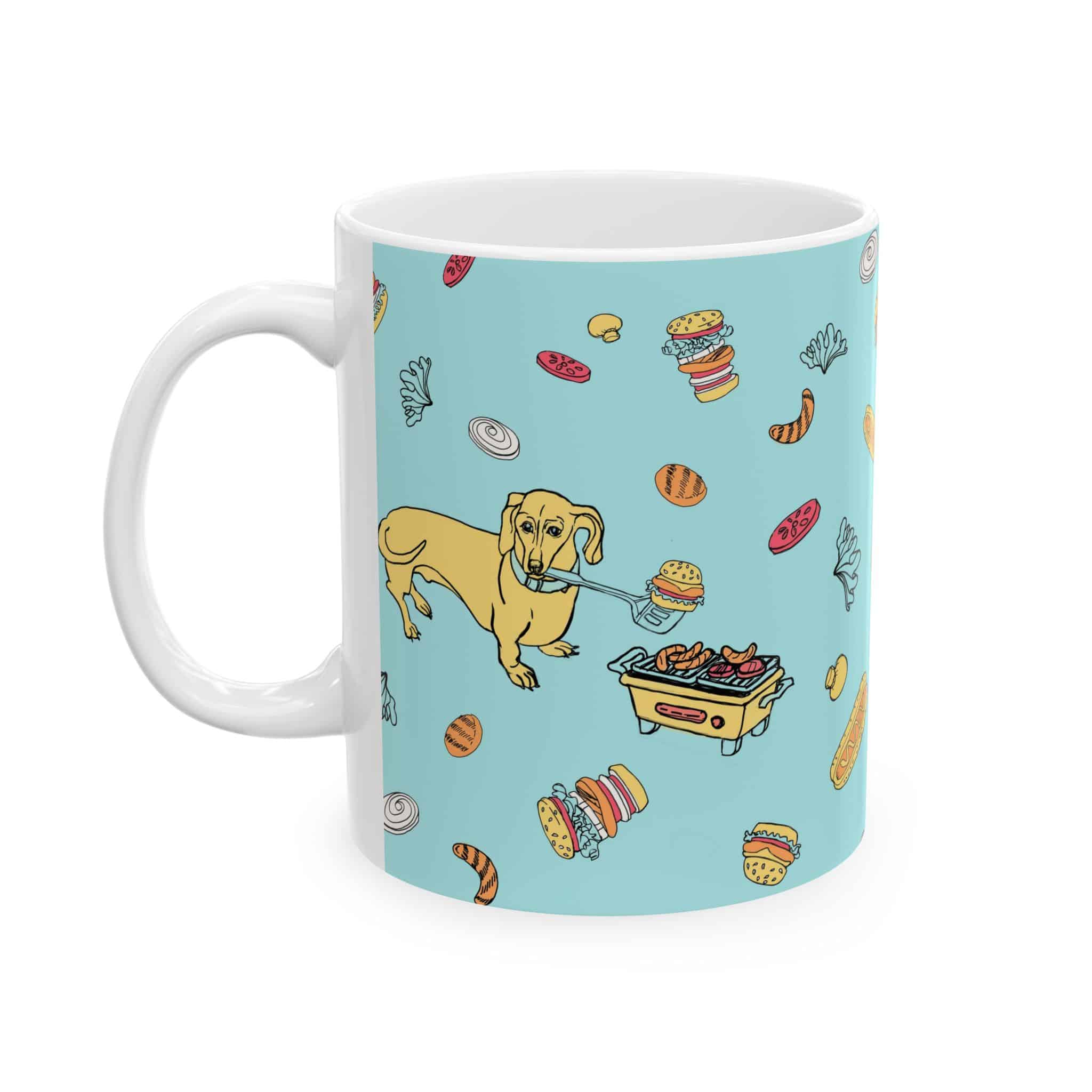 Dachshund Cooking on Hibachi Pattern Ceramic Mug — Cute Burger & Hot Dog 11oz/15oz Coffee Cup