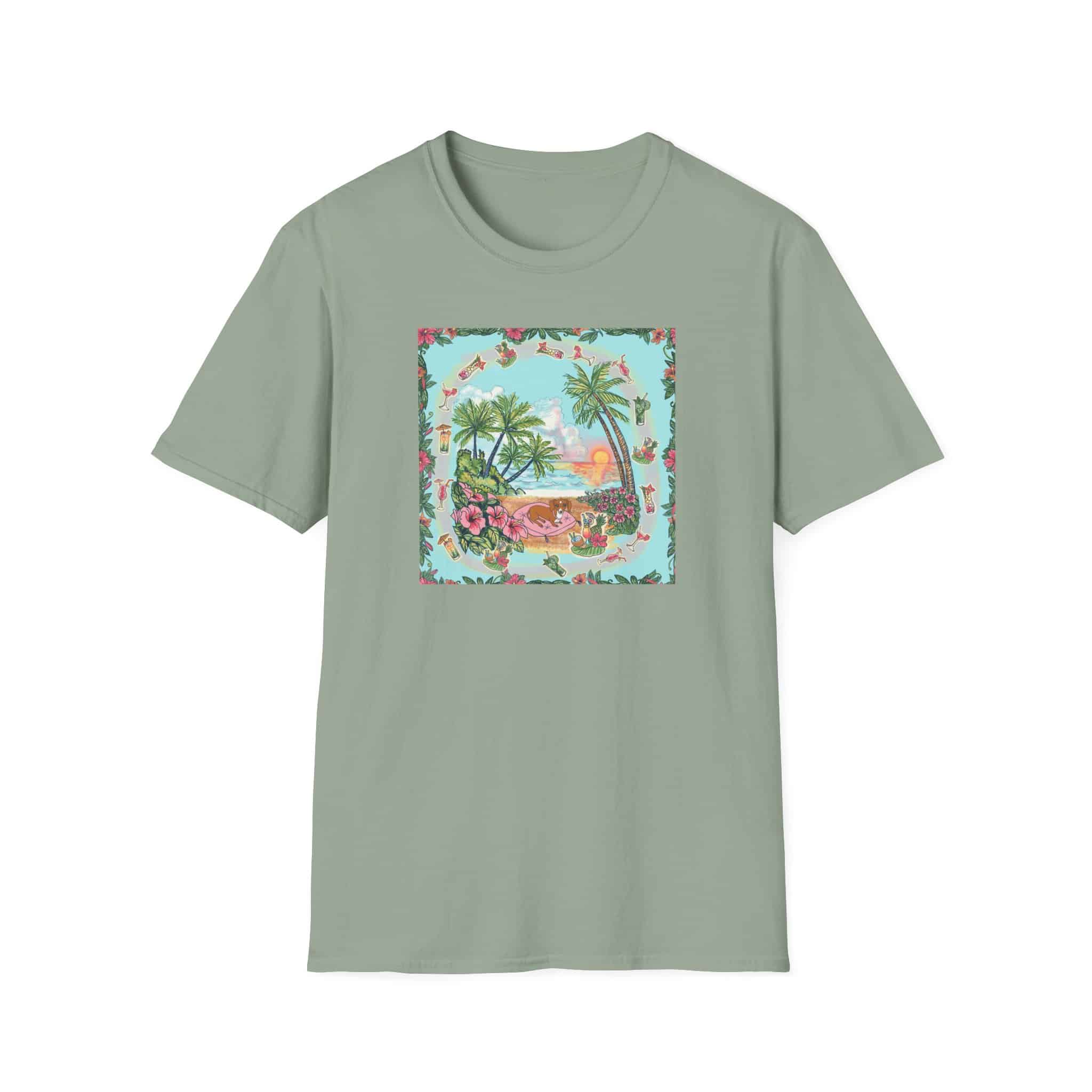 Dachshund on a Tropical Sunset Beach T-Shirt — Vintage Beach Floral Graphic - Image 9