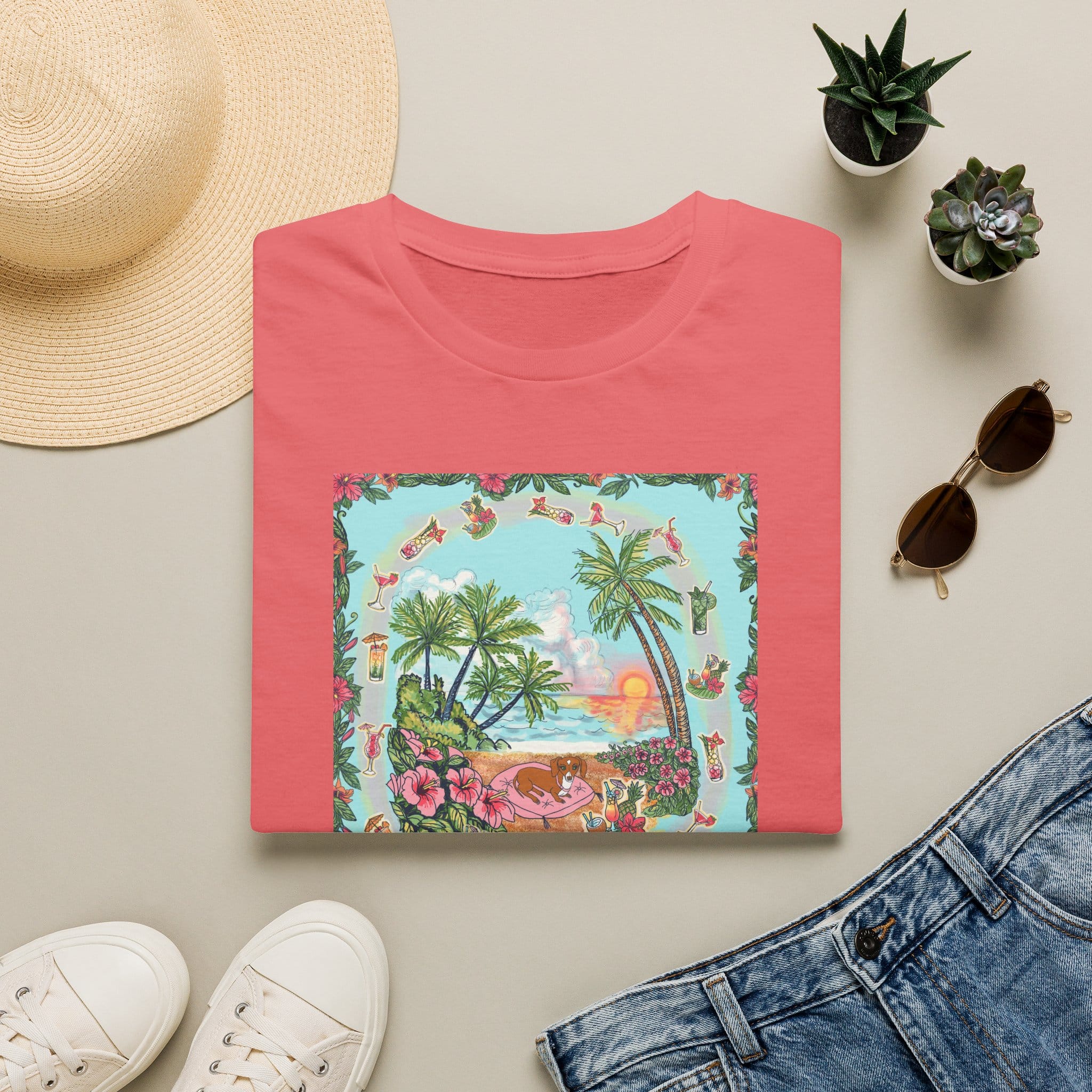Dachshund on a Tropical Sunset Beach T-Shirt — Vintage Beach Floral Graphic - Image 17