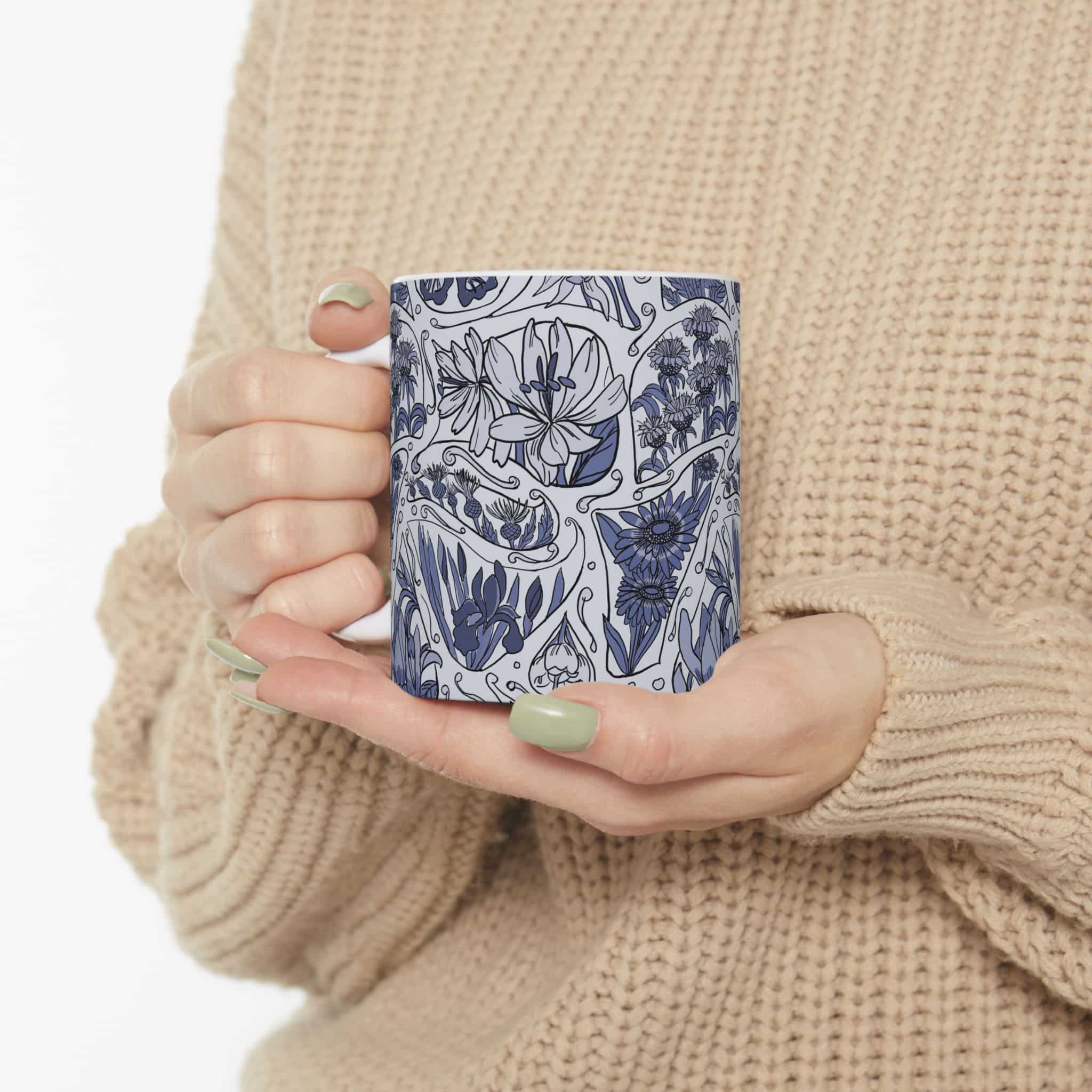 Blue Floral Pattern Ceramic Mug — Hand-Drawn Botanical Design (11oz & 15oz) - Image 5