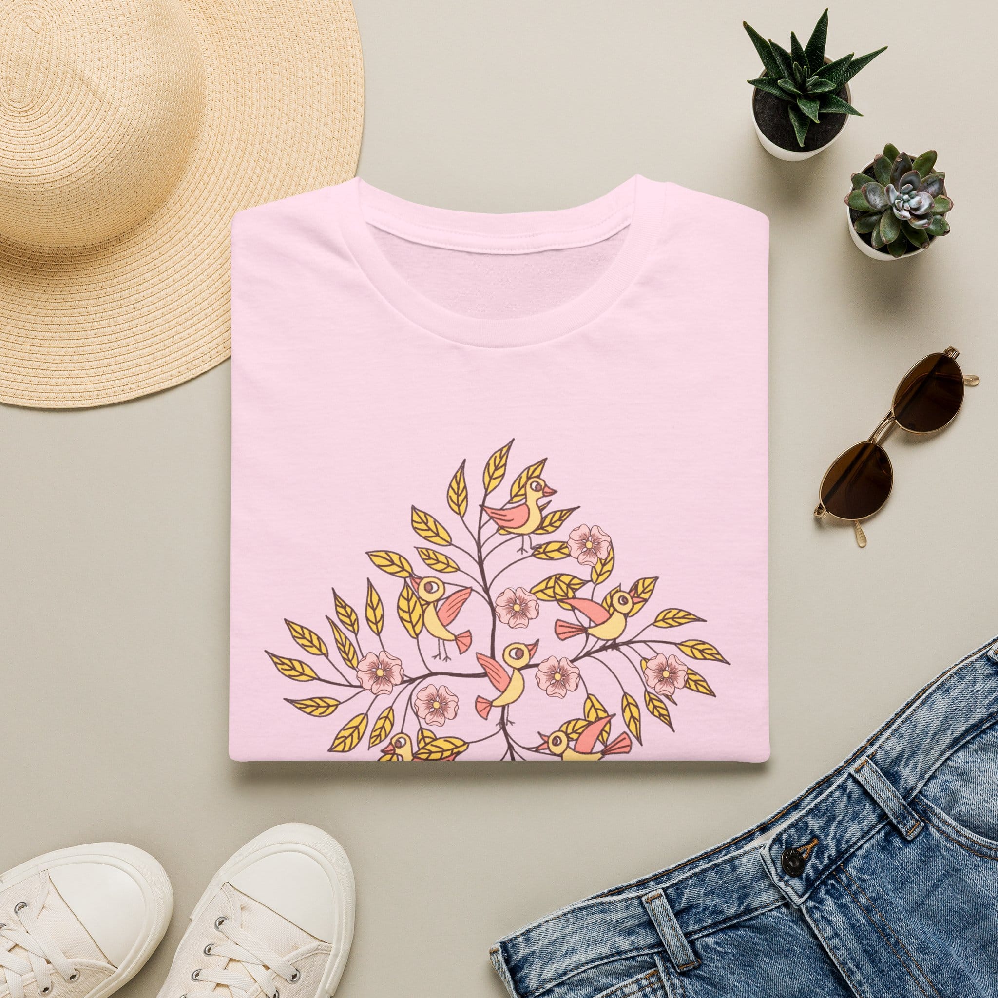 Floral Bird Tree T-Shirt — Boho Botanical Tee with Pink Blossoms - Image 5