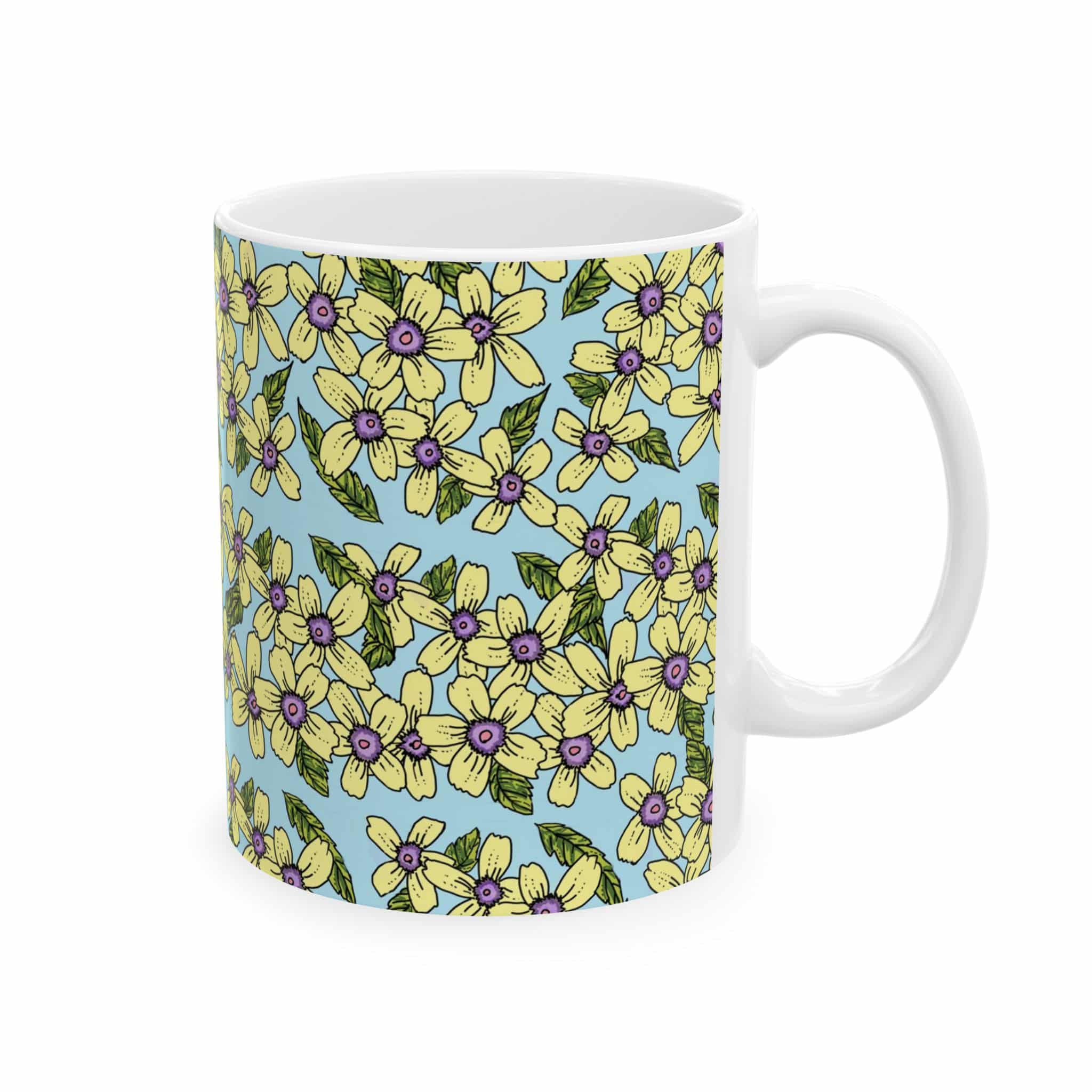 Floral Pattern Ceramic Mug — Yellow Blossoms on Sky Blue (11oz & 15oz) - Image 2