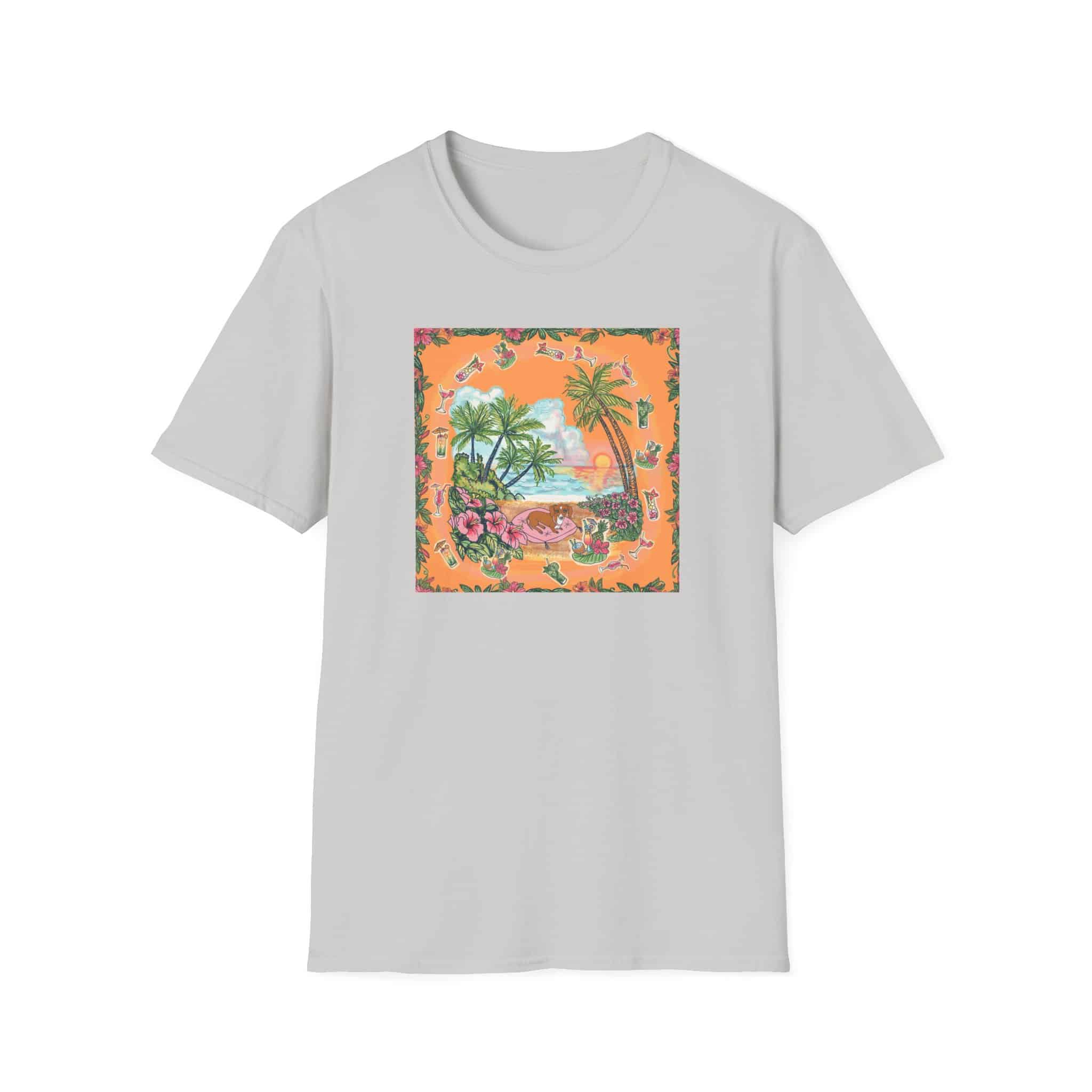 Girl Dachshund on a Tropical Sunset Beach T-Shirt — Vintage Beach Floral Graphic - Image 30