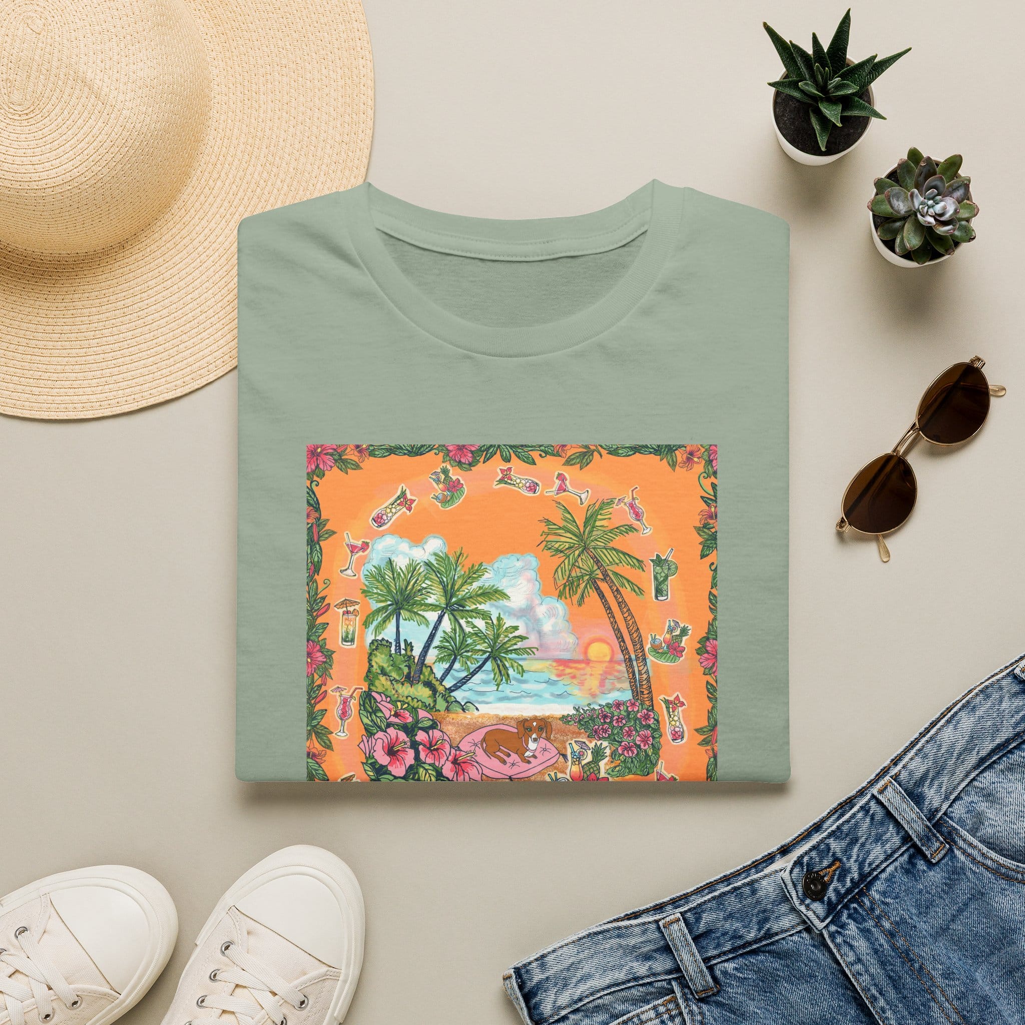 Girl Dachshund on a Tropical Sunset Beach T-Shirt — Vintage Beach Floral Graphic - Image 7
