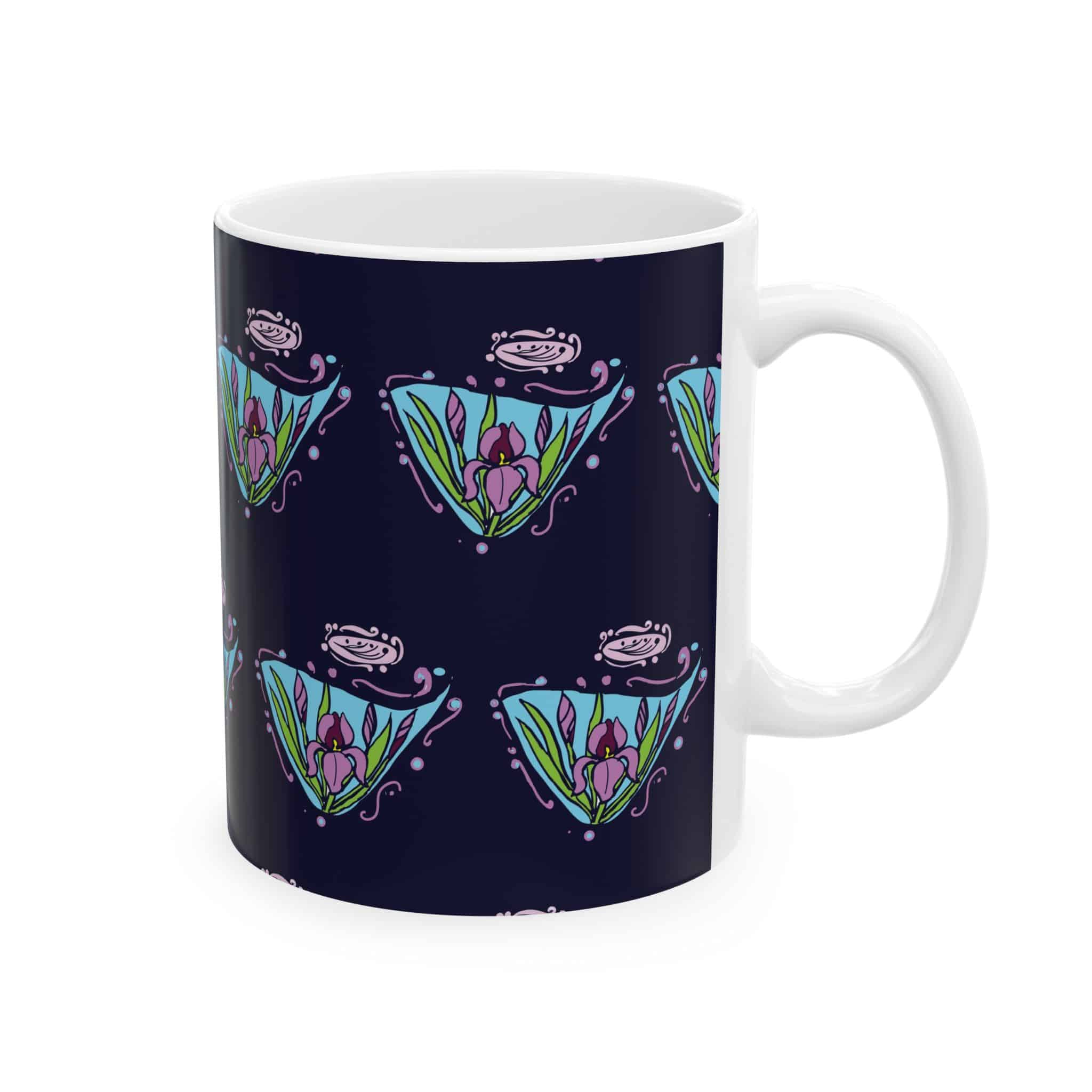 Floral Art Nouveau-Inspired Ceramic Mug – Iris Flower Design (11oz & 15oz) - Image 2