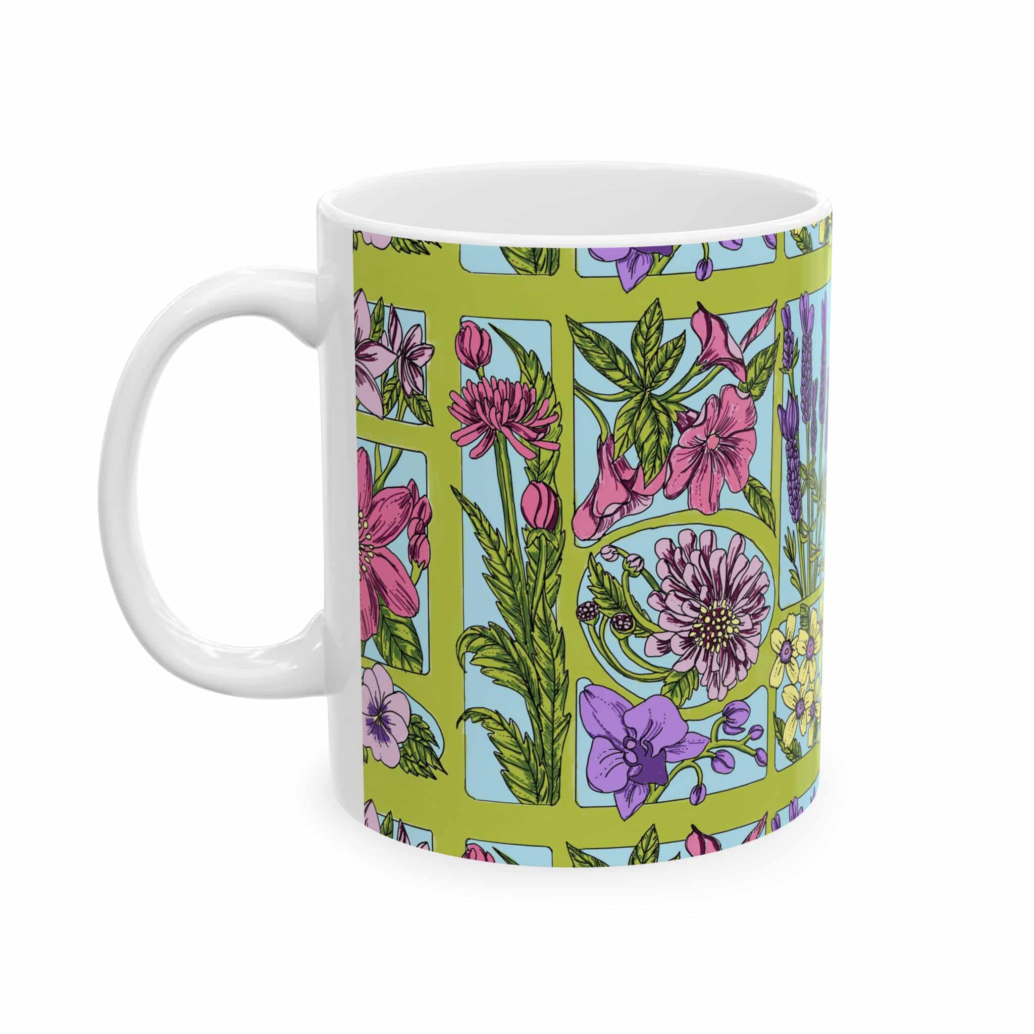 Botanical Patchwork Ceramic Mug — Floral Garden Coffee Cup (11oz/15oz)