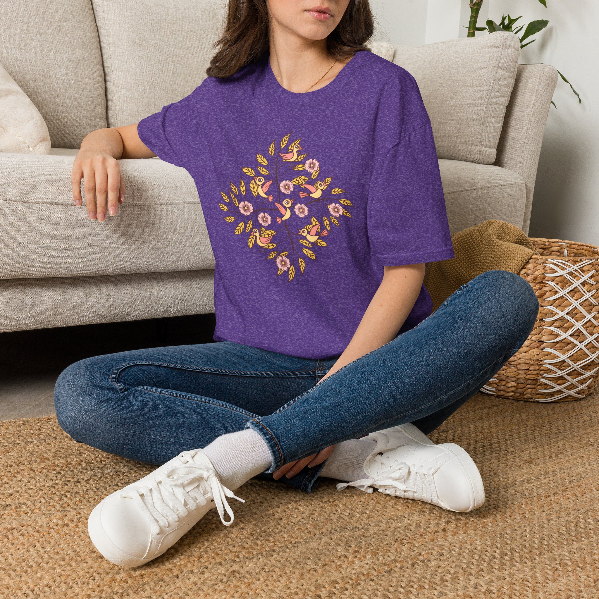 Floral Bird Tree T-Shirt — Boho Botanical Tee with Pink Blossoms - Image 14