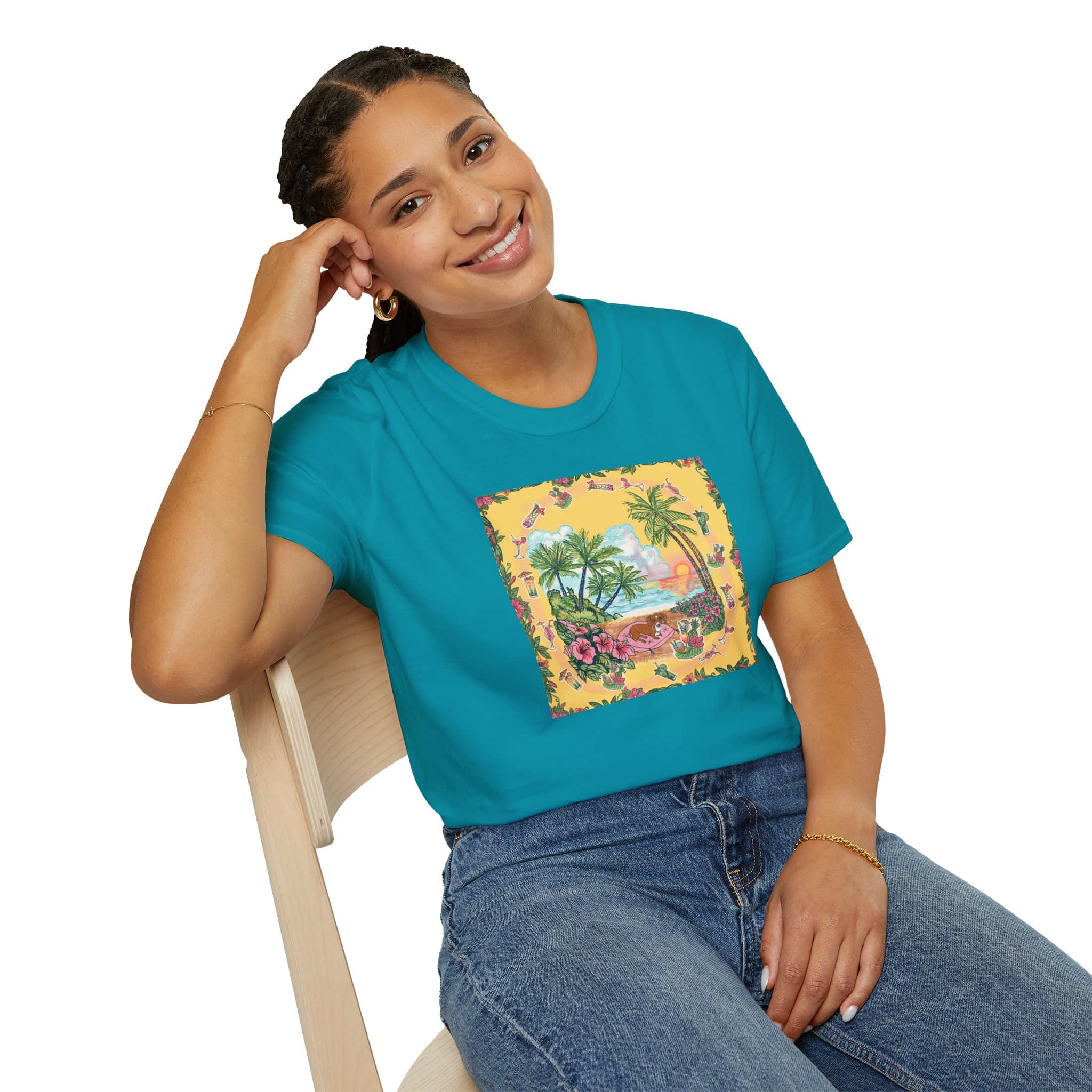 Girl Dachshund on a Tropical Sunset Beach T-Shirt — Vintage Beach Floral Graphic - Image 28