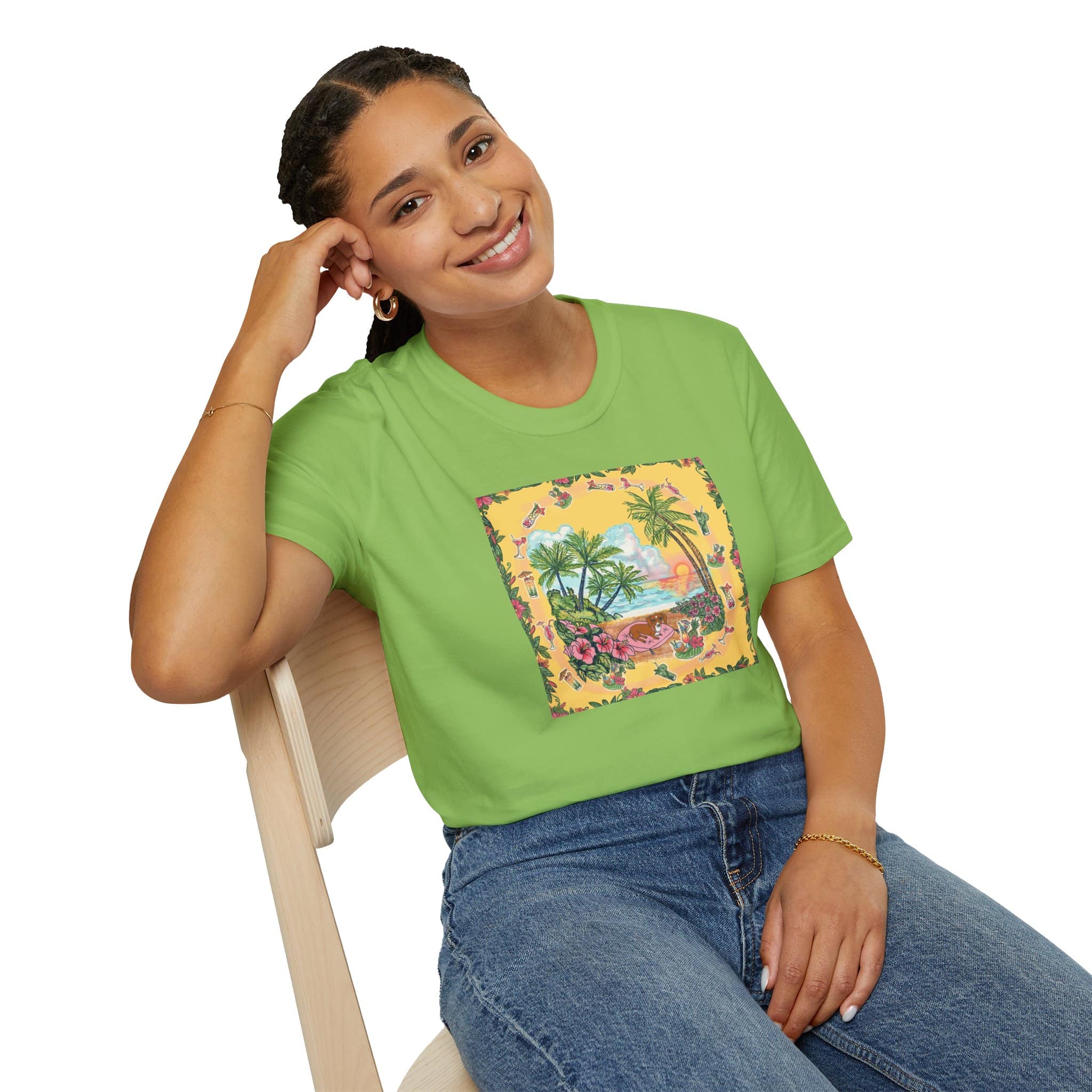 Girl Dachshund on a Tropical Sunset Beach T-Shirt — Vintage Beach Floral Graphic - Image 40