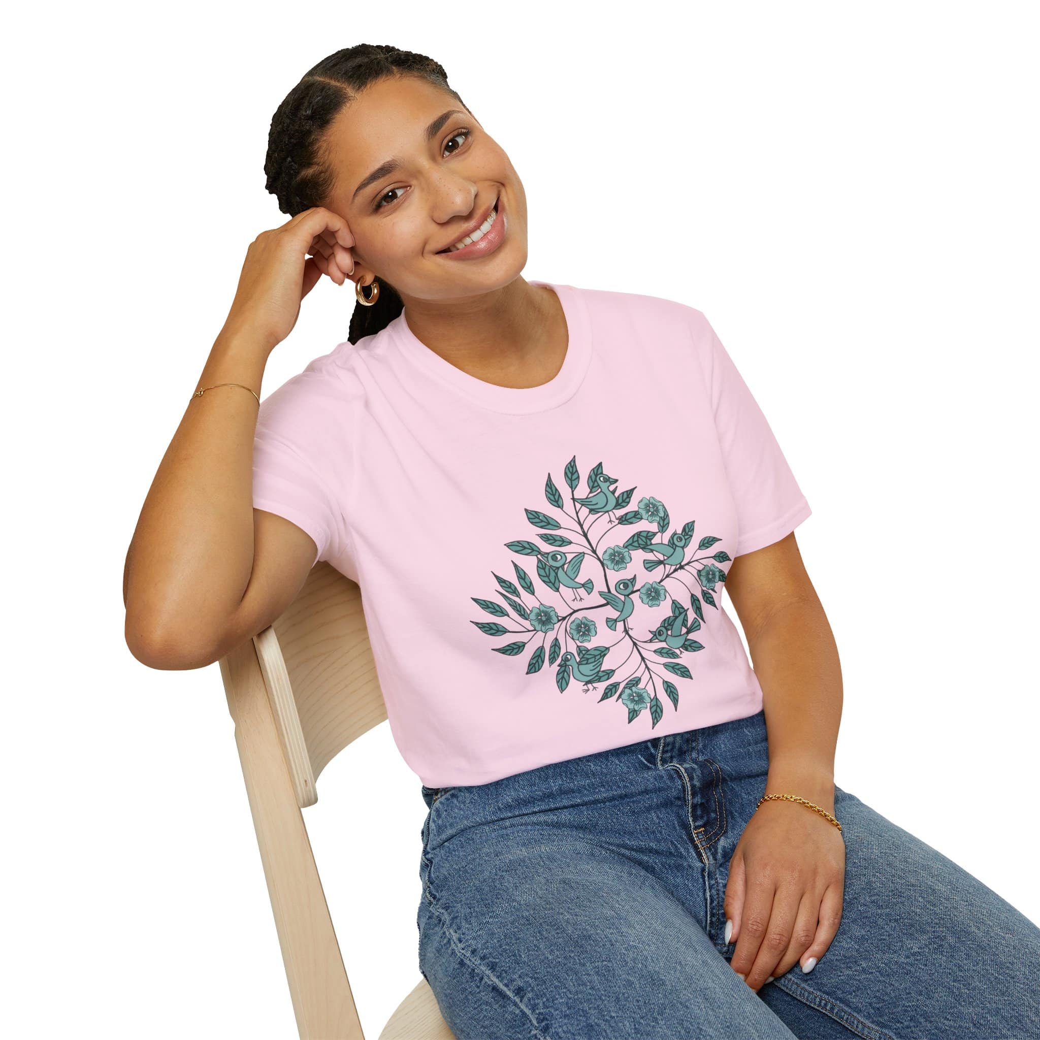 Botanical Bird Tee — Teal Floral Branch Graphic T-Shirt - Image 16