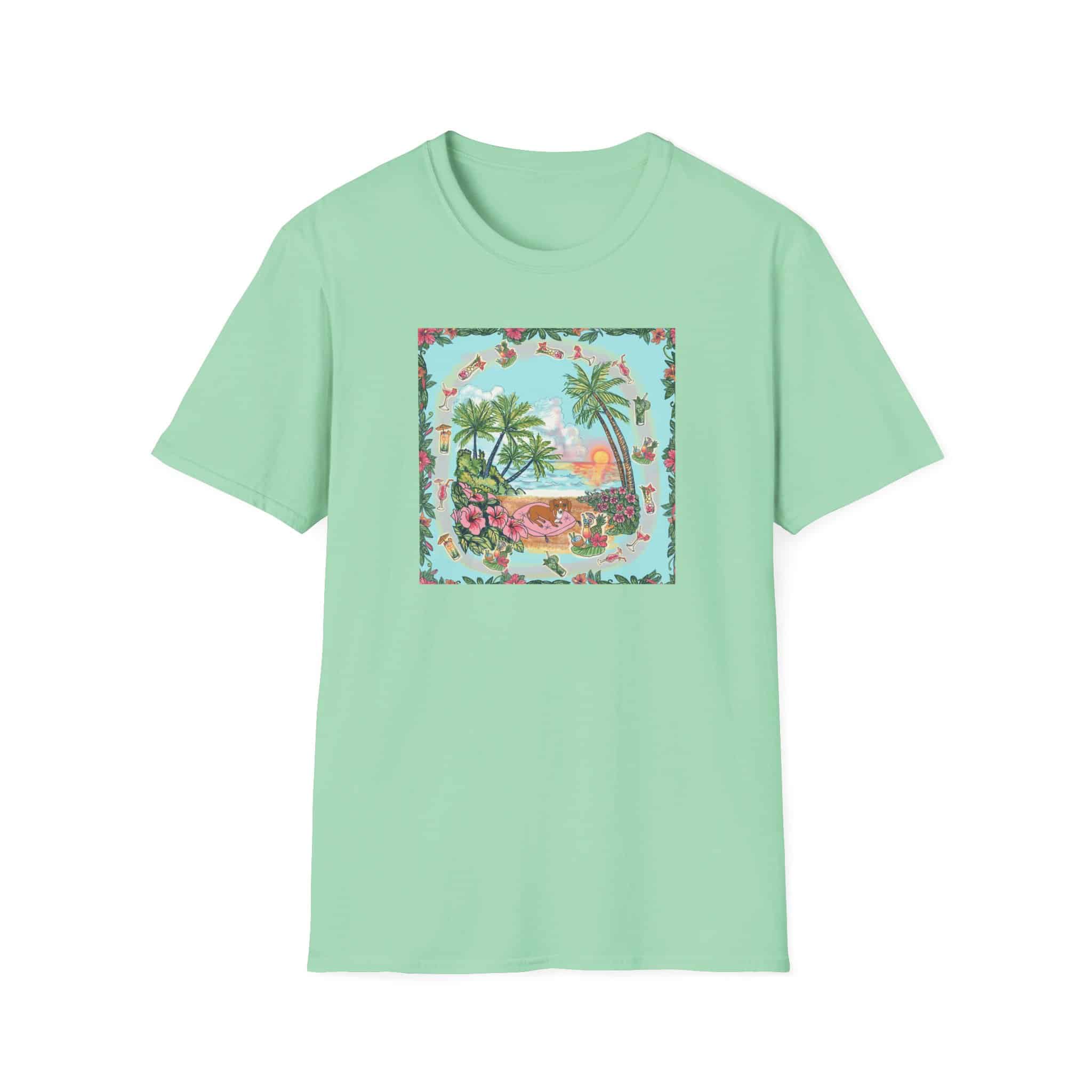 Dachshund on a Tropical Sunset Beach T-Shirt — Vintage Beach Floral Graphic - Image 27