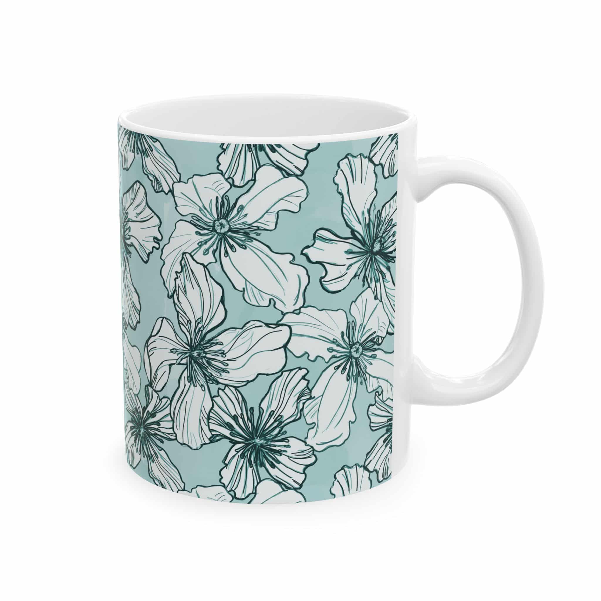 Teal Floral Pattern Ceramic Mug (11oz & 15oz) - Image 2