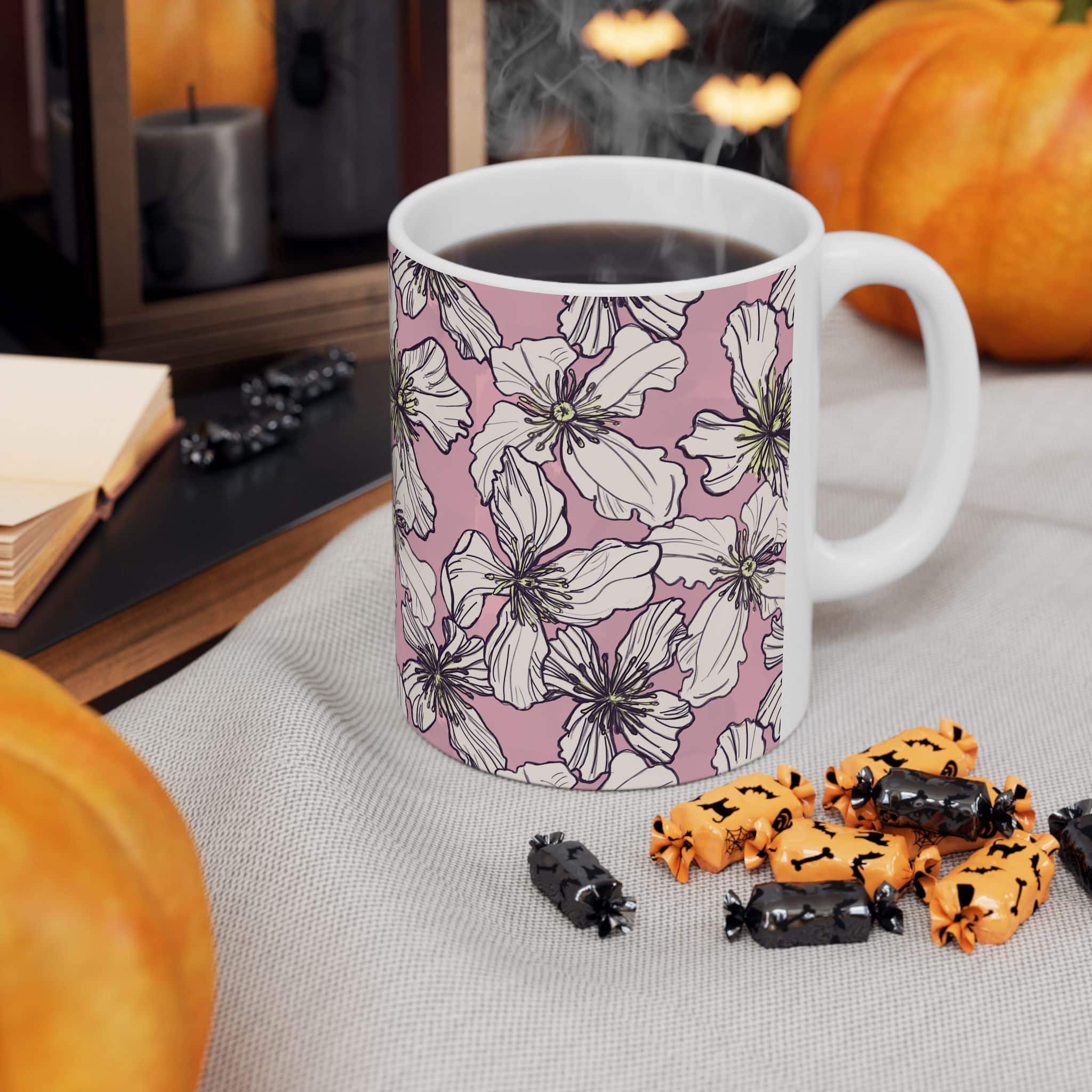 Pink Floral Ceramic Mug – White Clematis Pattern Tea & Coffee Cup (11oz, 15oz) - Image 4