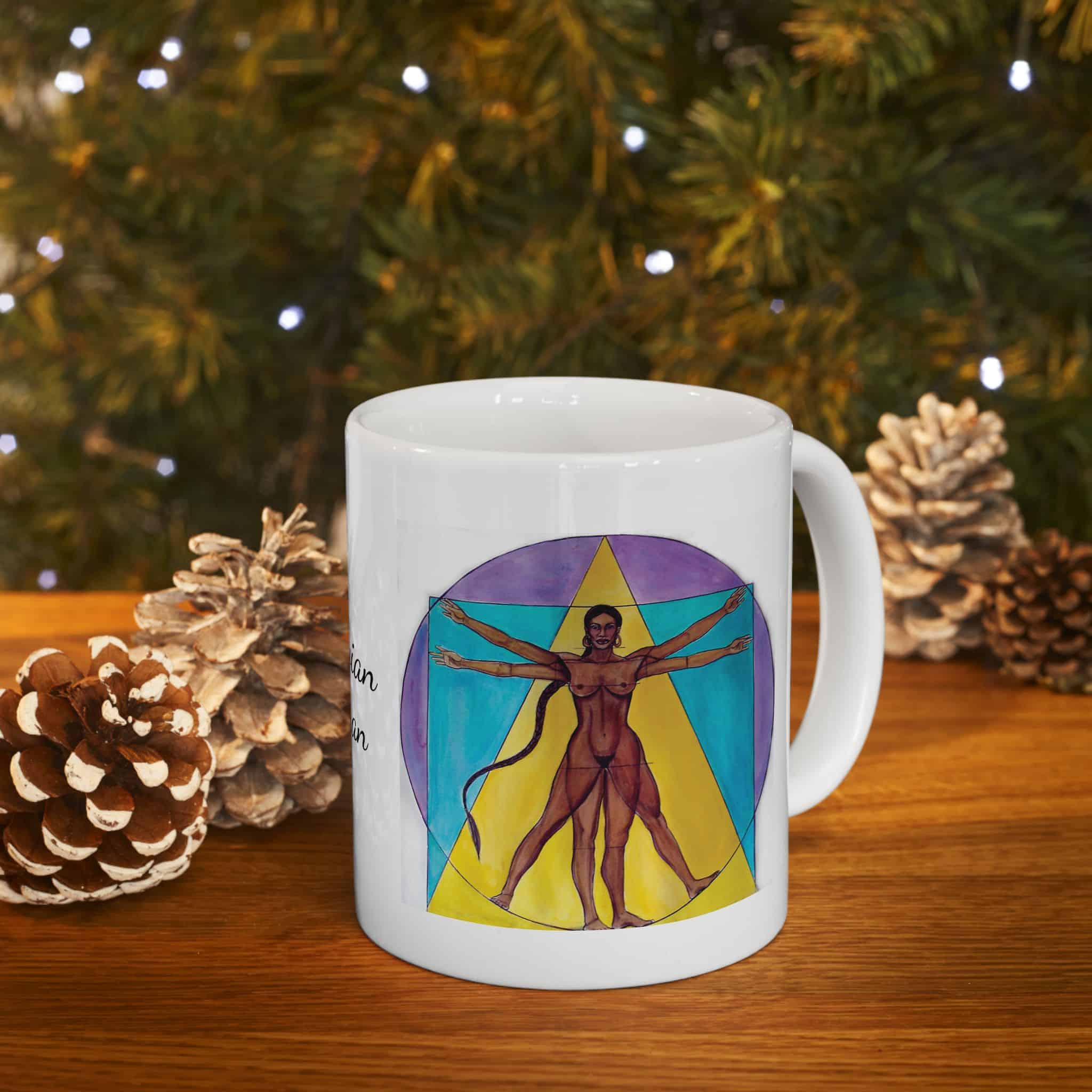Vitruvian Woman Ceramic Mug — Artistic Feminine Geometry Coffee Cup (11oz, 15oz)