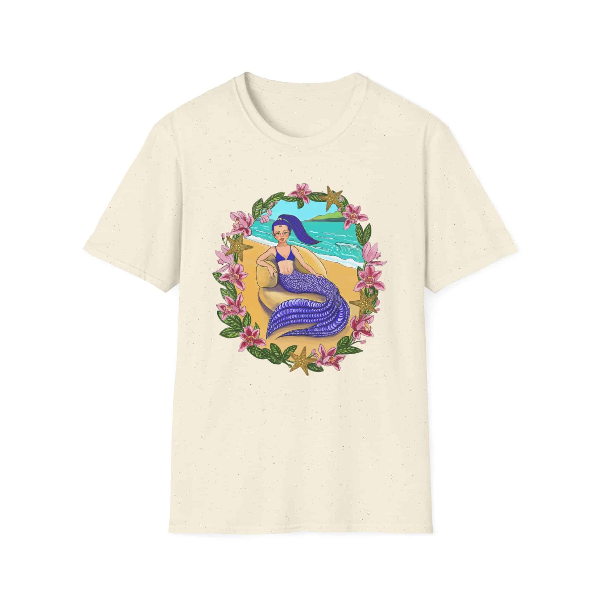 Blue-Haired Mermaid Beach Vibes T-Shirt — Tropical Floral Ocean Graphic - Image 15
