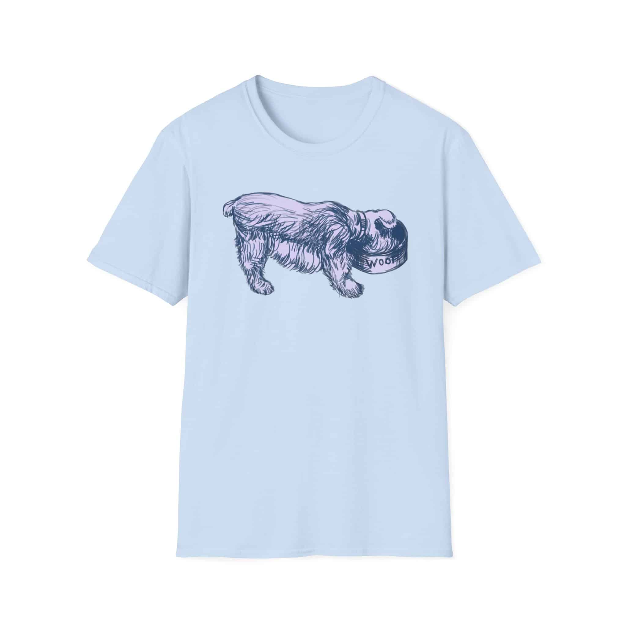 Quirky Vintage Pup Illustration T-Shirt — 'Woof' Dog Bowl Graphic - Image 3