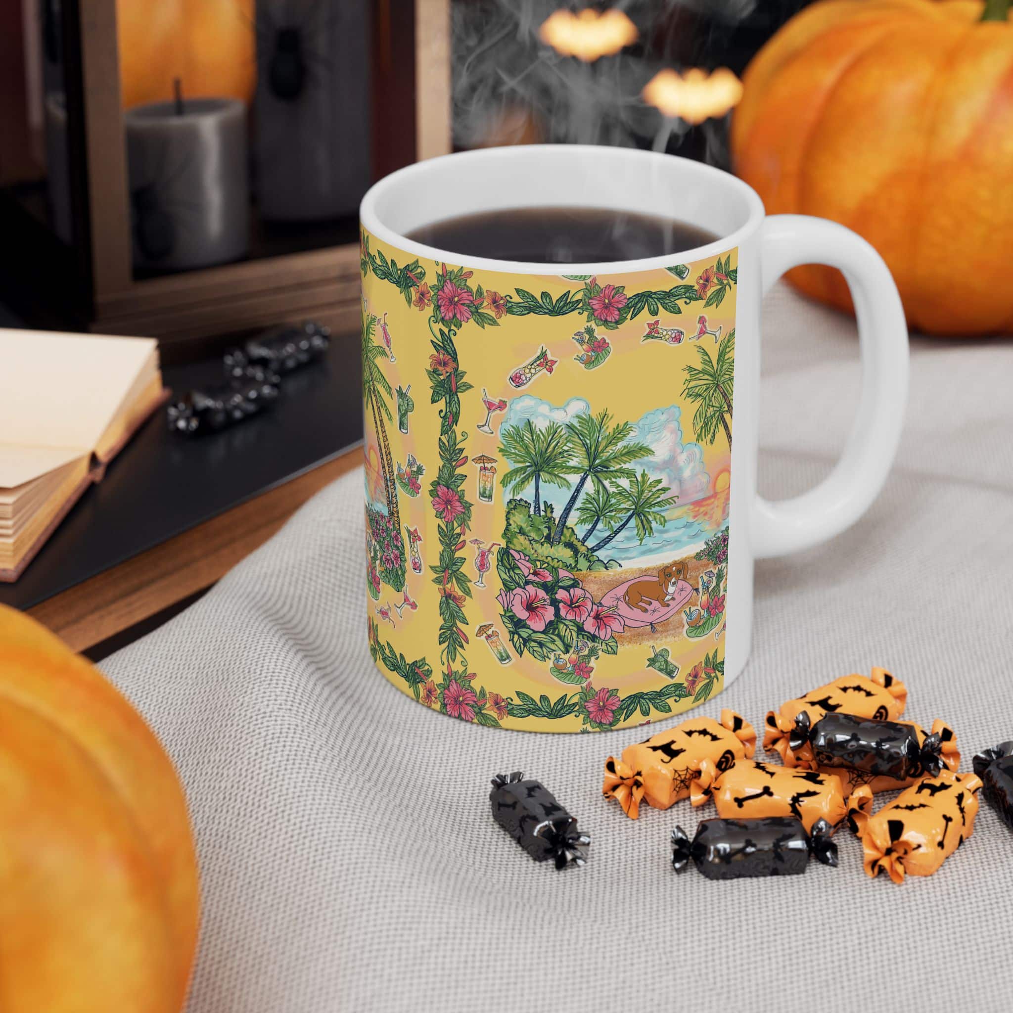 Dachshund Tropical Sunset Ceramic Mug – Hawaiian Beach Scene with Palm Trees & Hibiscus (11oz/15oz) - Image 4