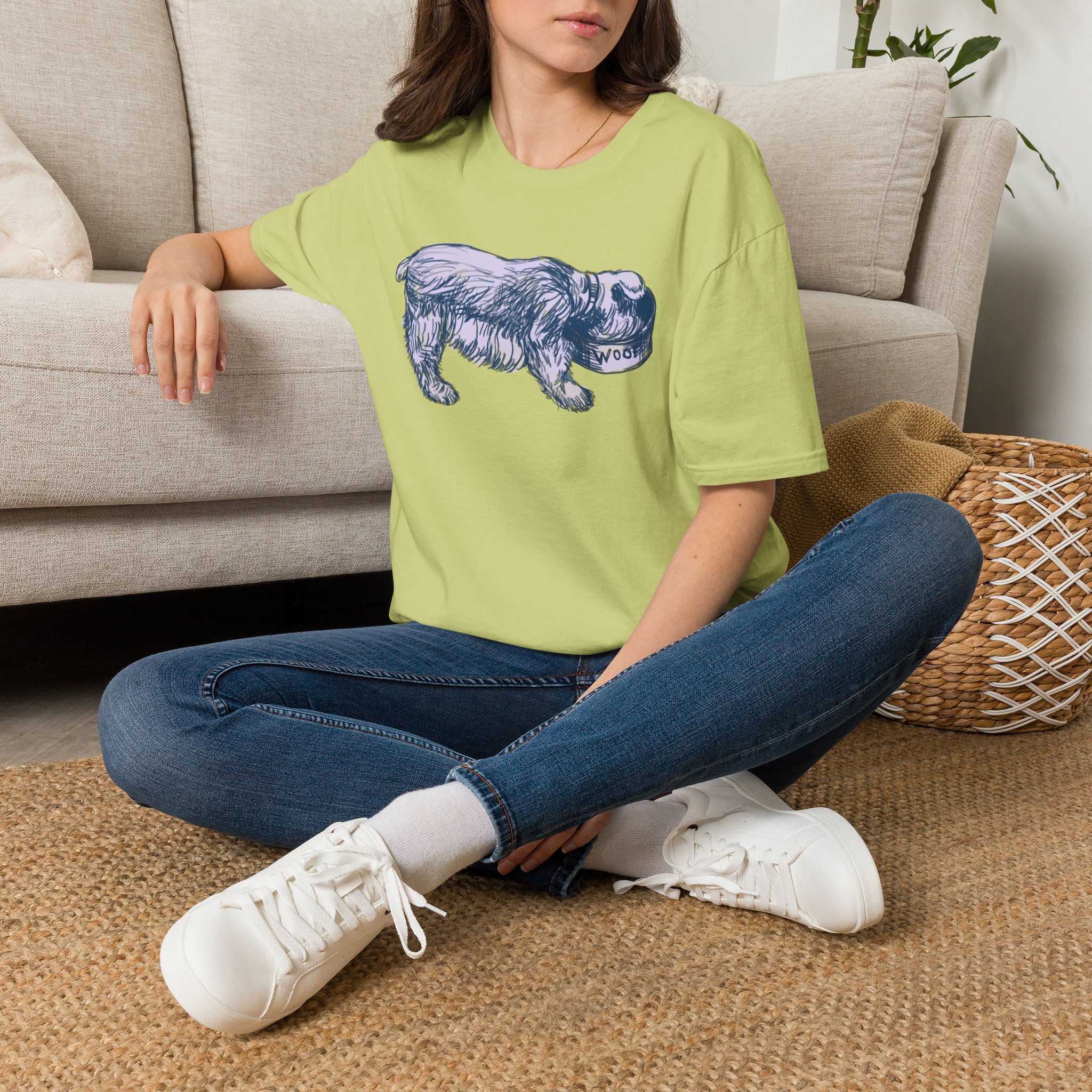 Quirky Vintage Pup Illustration T-Shirt — 'Woof' Dog Bowl Graphic - Image 8