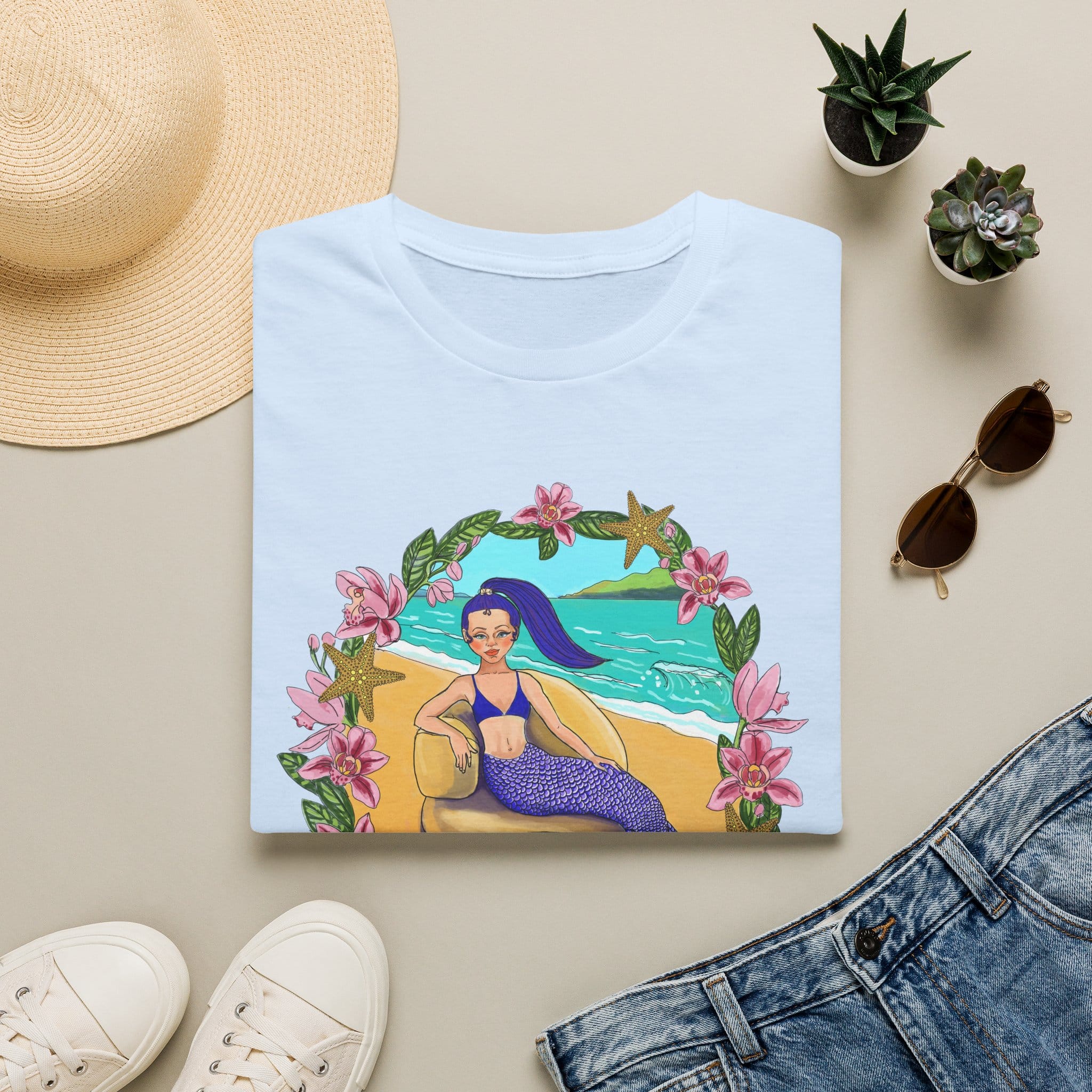 Blue-Haired Mermaid Beach Vibes T-Shirt — Tropical Floral Ocean Graphic - Image 28