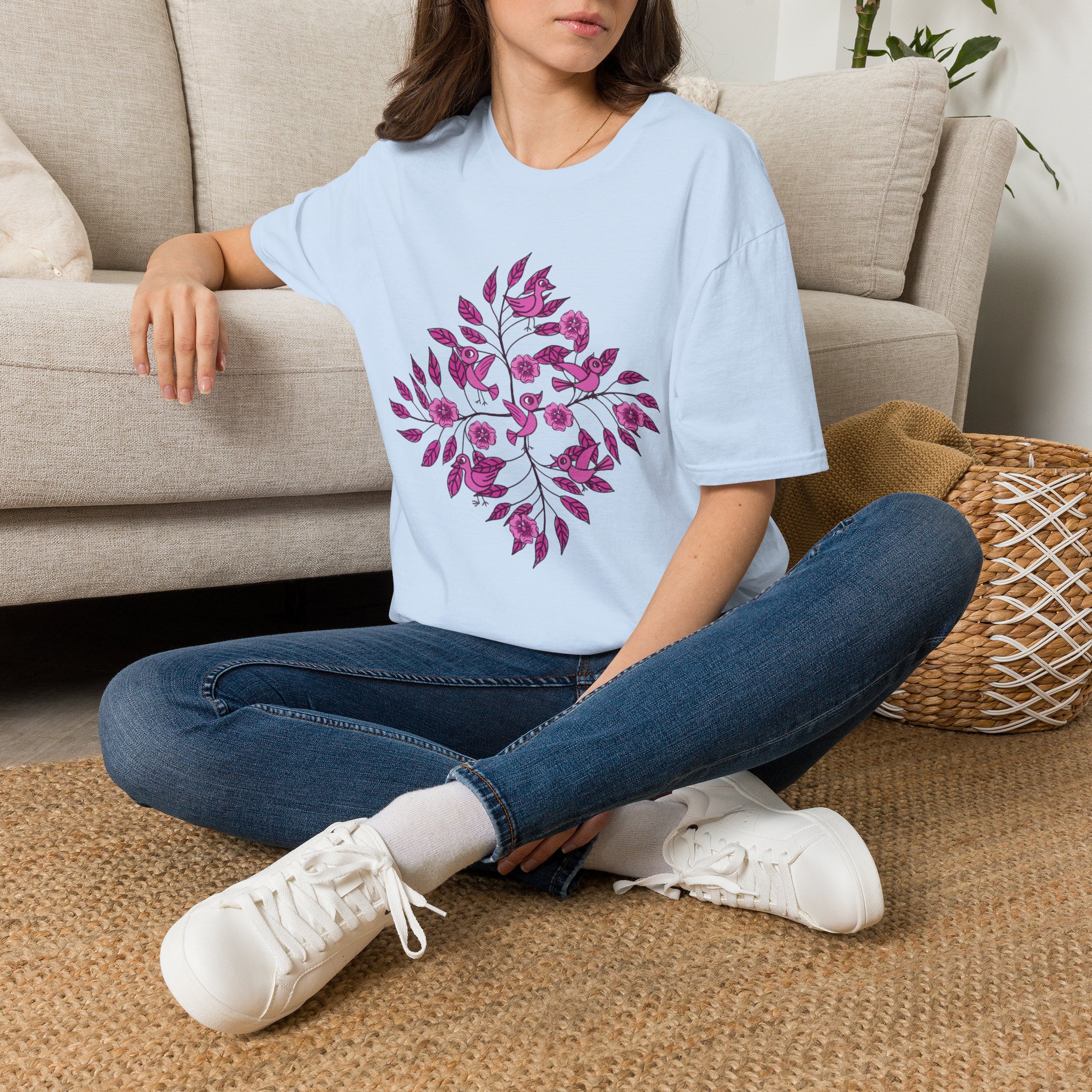 Floral Bird Branch T-Shirt —Pink Blossoms Graphic Tee - Image 6