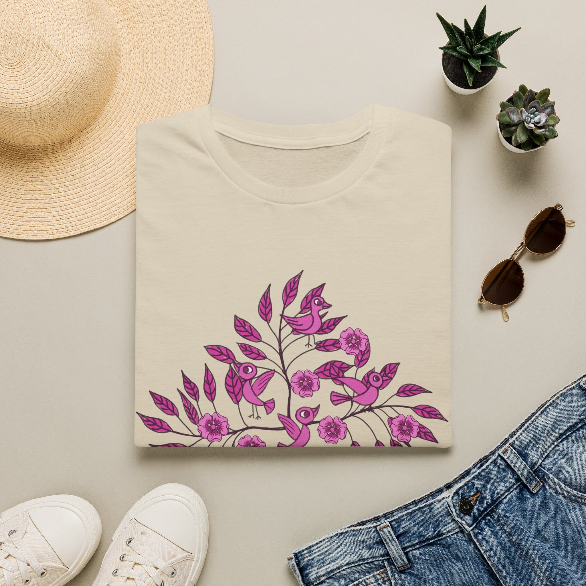Floral Bird Branch T-Shirt —Pink Blossoms Graphic Tee