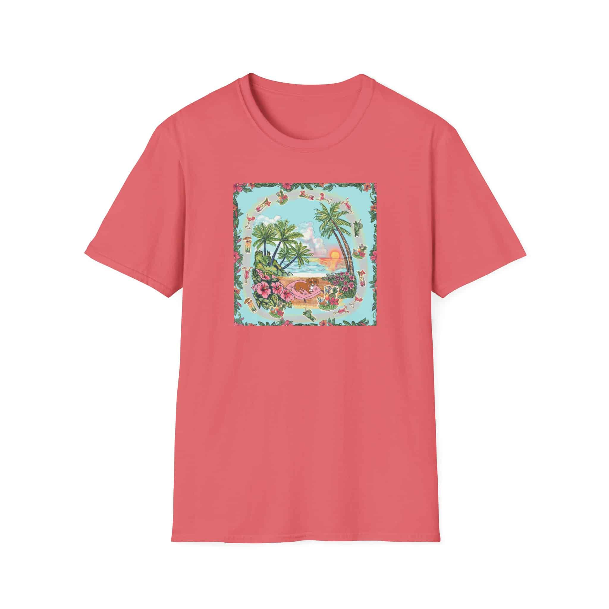 Dachshund on a Tropical Sunset Beach T-Shirt — Vintage Beach Floral Graphic - Image 19