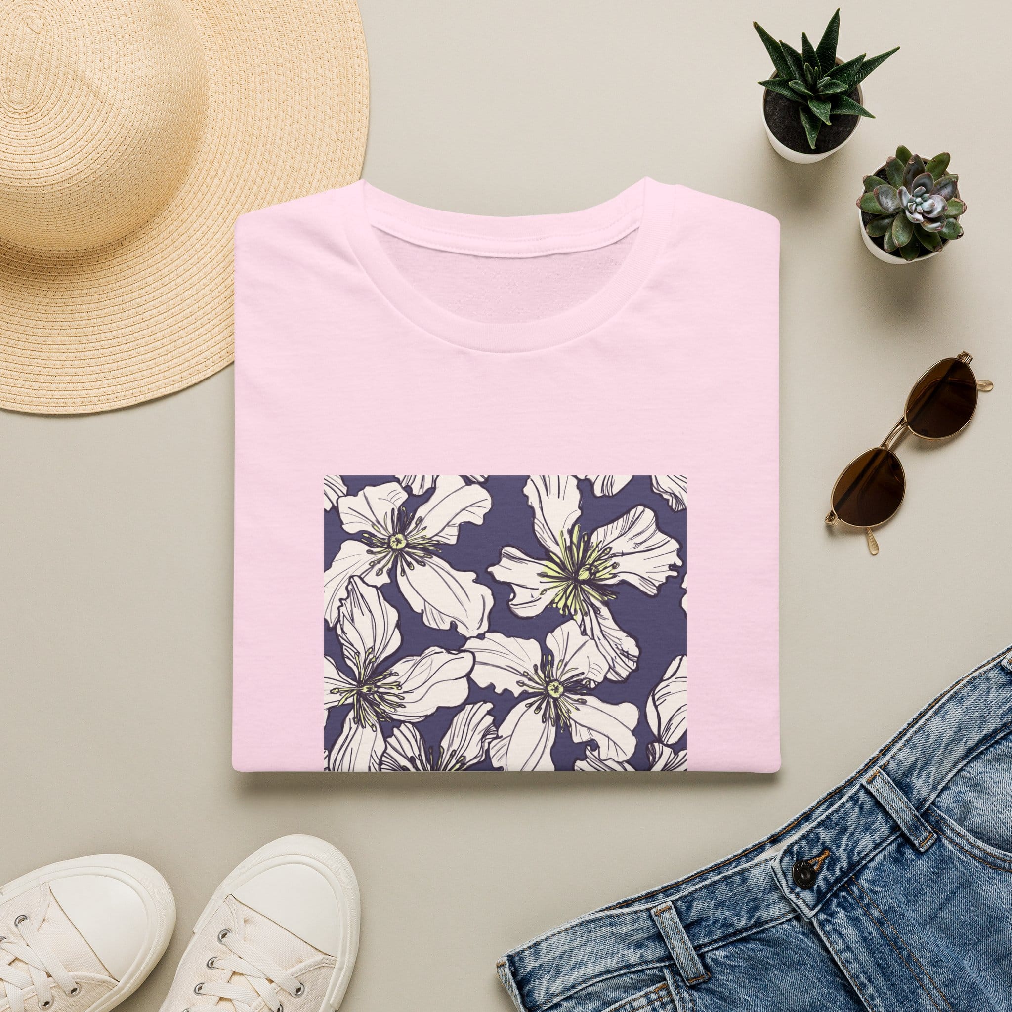 Floral Square Tee — White Clematis Print T-Shirt - Image 7