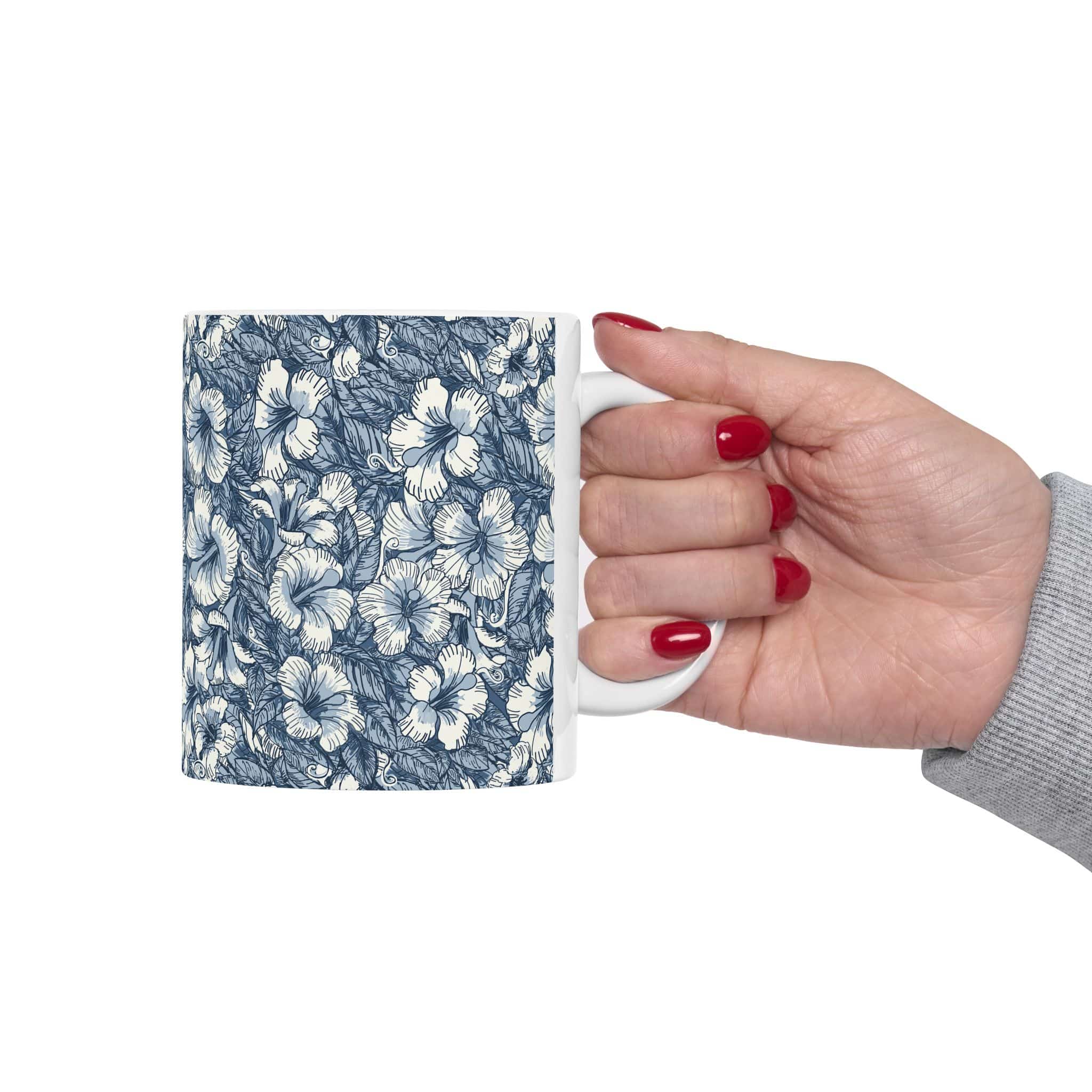 Blue Floral Ceramic Mug — Hand-Drawn Hibiscus Pattern (11oz & 15oz) - Image 3