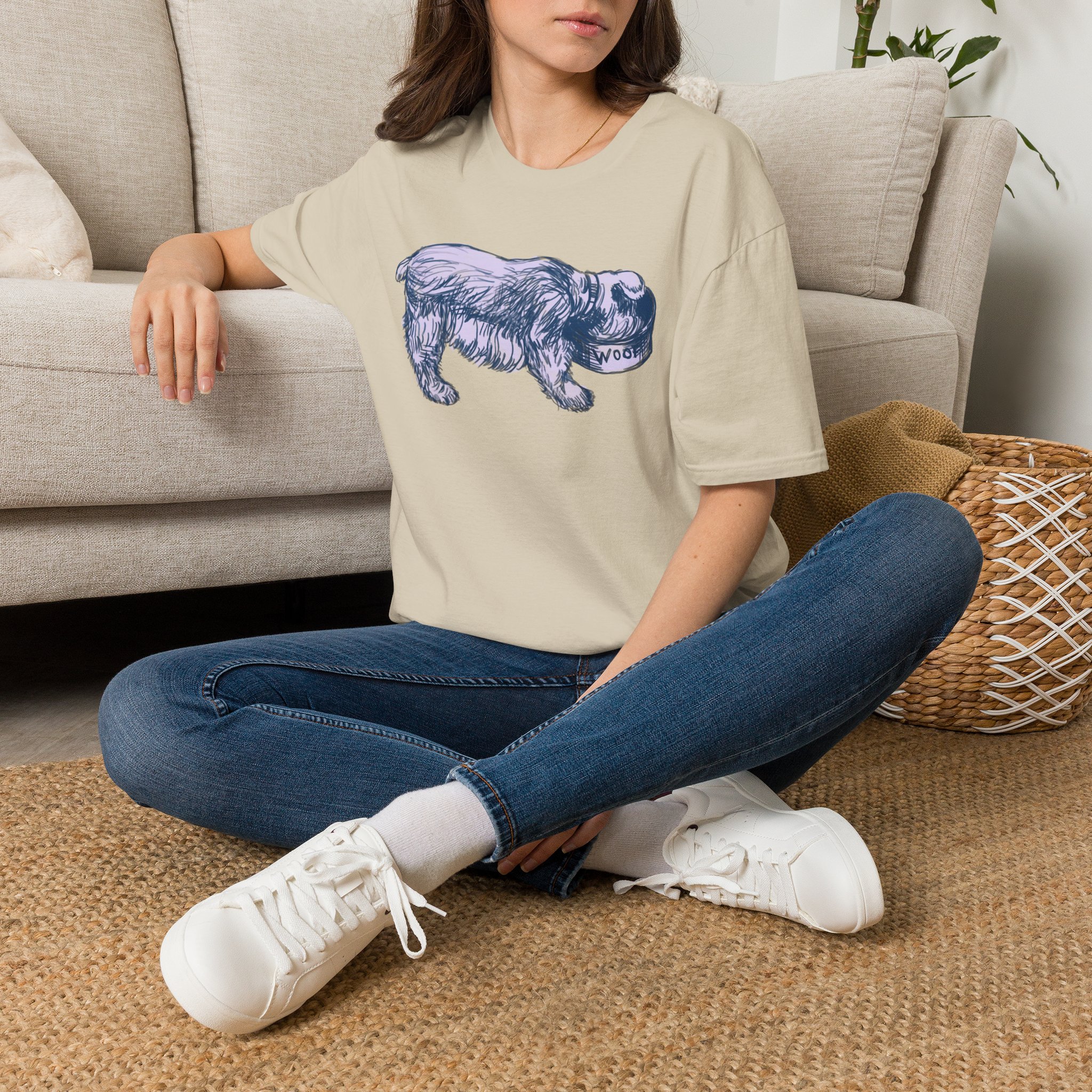 Quirky Vintage Pup Illustration T-Shirt — 'Woof' Dog Bowl Graphic - Image 23