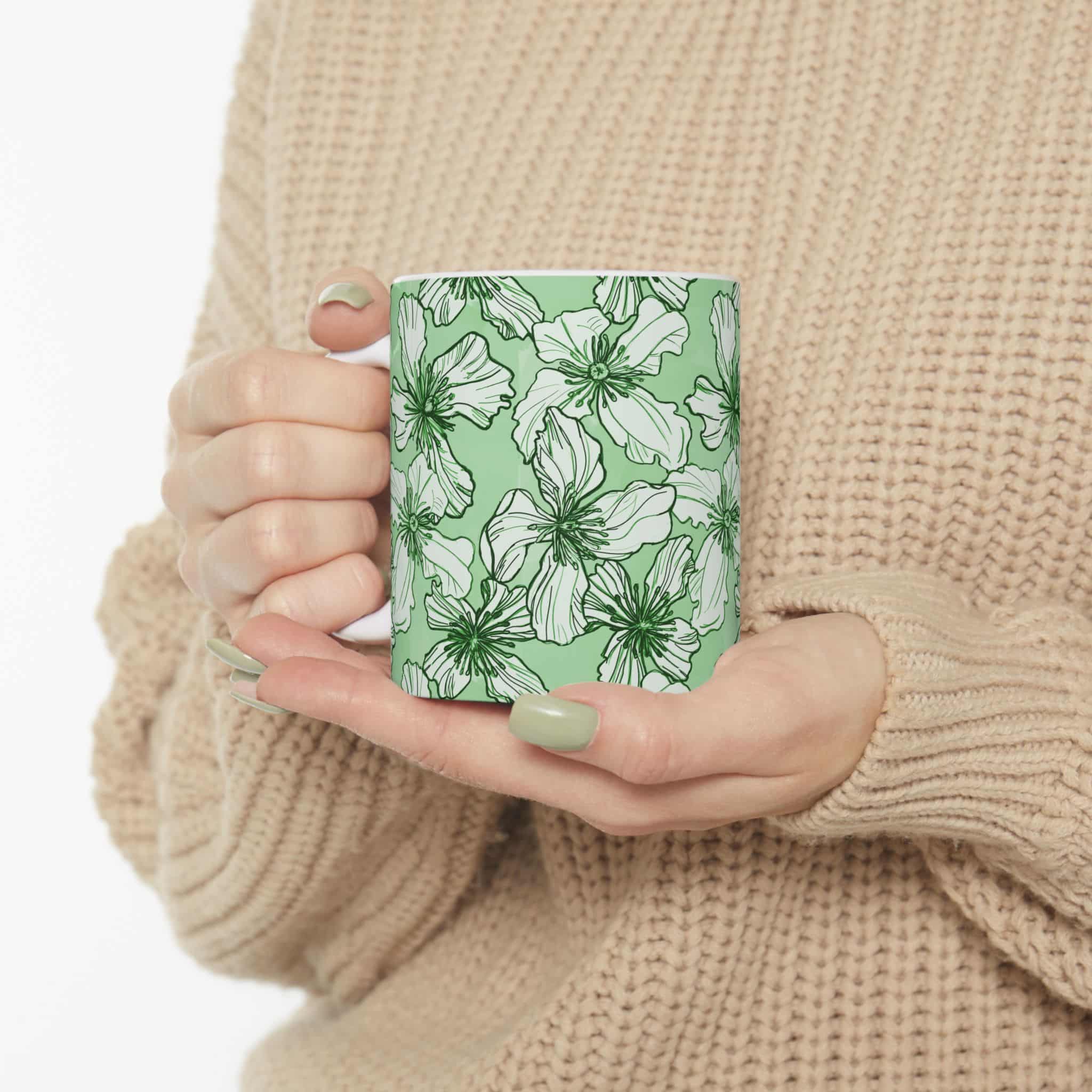 Green Floral Ceramic Mug — Hand-Drawn White Blossoms on Sage (11oz & 15oz) - Image 5